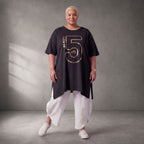 Damen Shirt Lagenlook Baumwolle Schwarz/Gold, A-Form, Kurzarm, Seitenschlitze, Oversize große Größen – Funky Diva