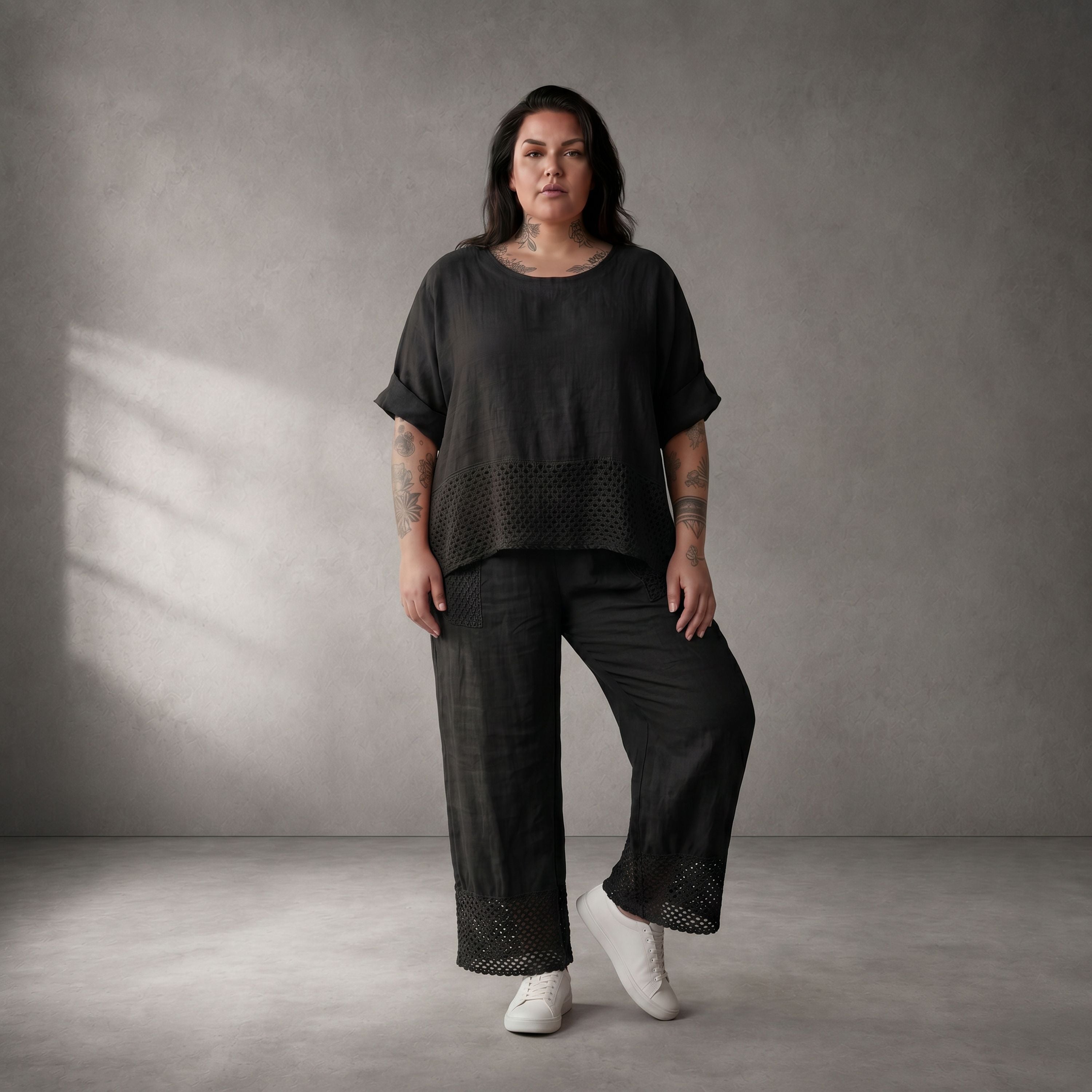 Oversize Leinen Shirt schwarz im Lagenlook mit grossen Taschen leger zeitlos chic luftig