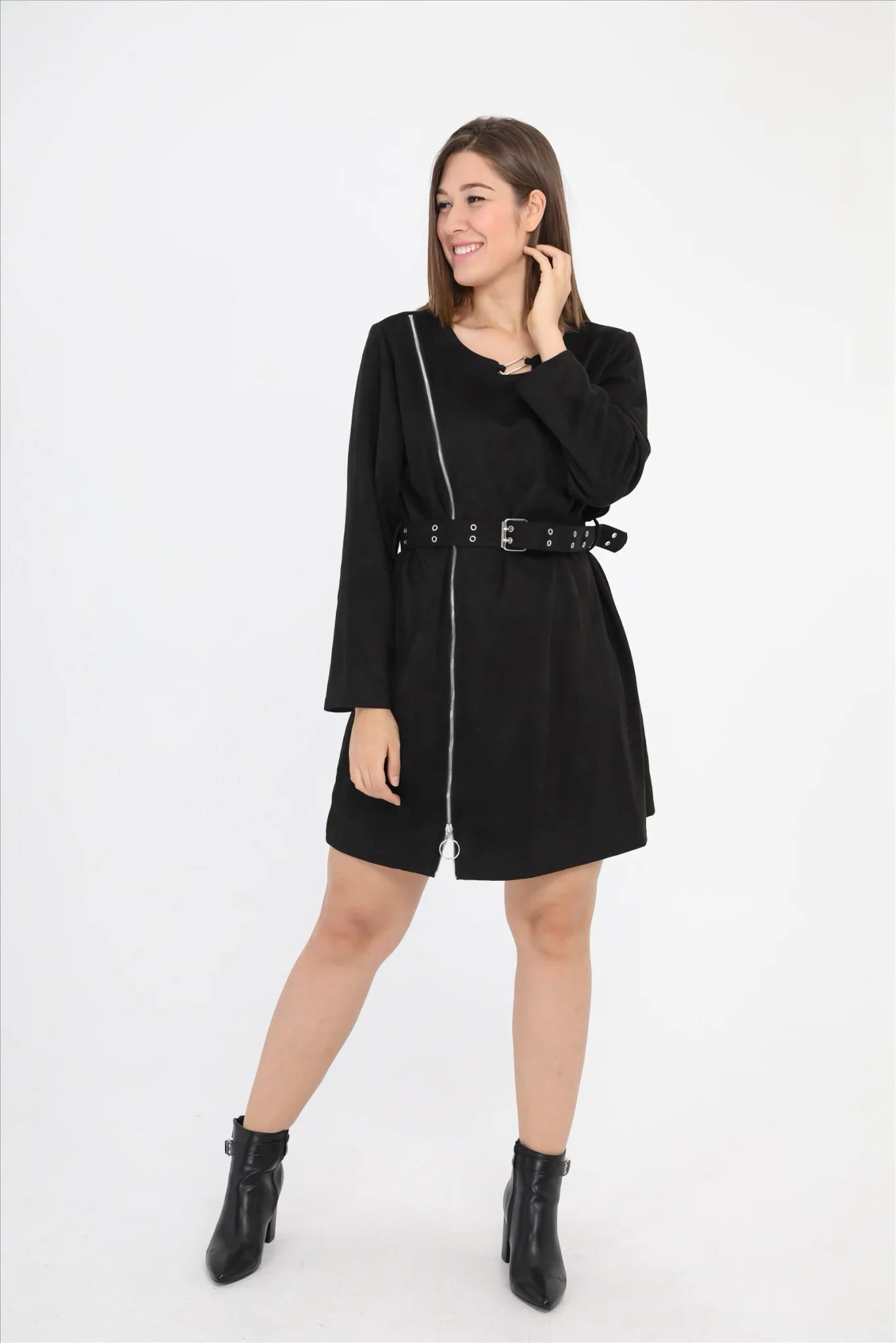  Pomme Rouge Kleid in gerader Form, aus Polyester, C6158, Schwarz, Schick, Modern, Bequem