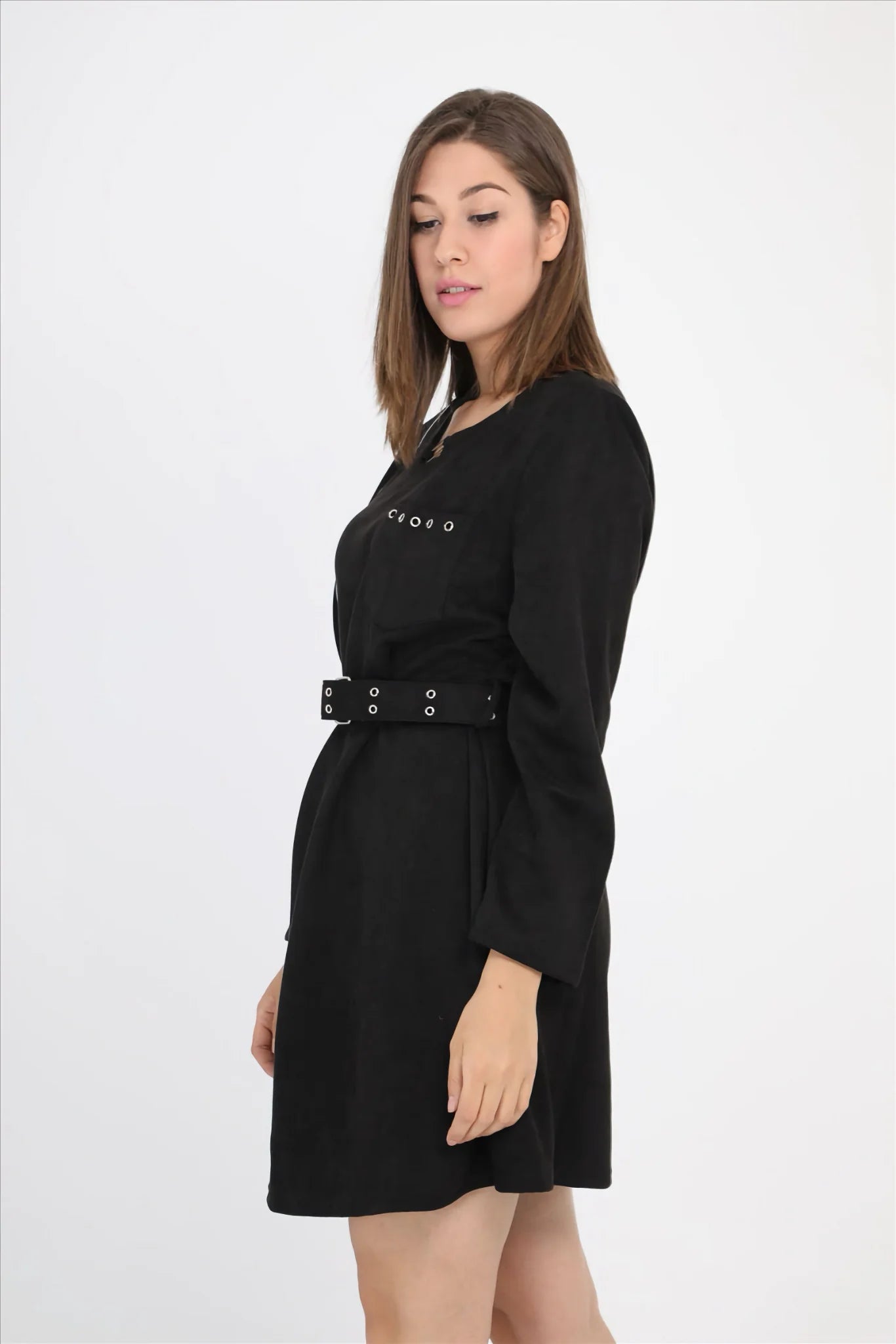  Pomme Rouge Kleid in gerader Form, aus Polyester, C6158, Schwarz, Schick, Modern, Bequem