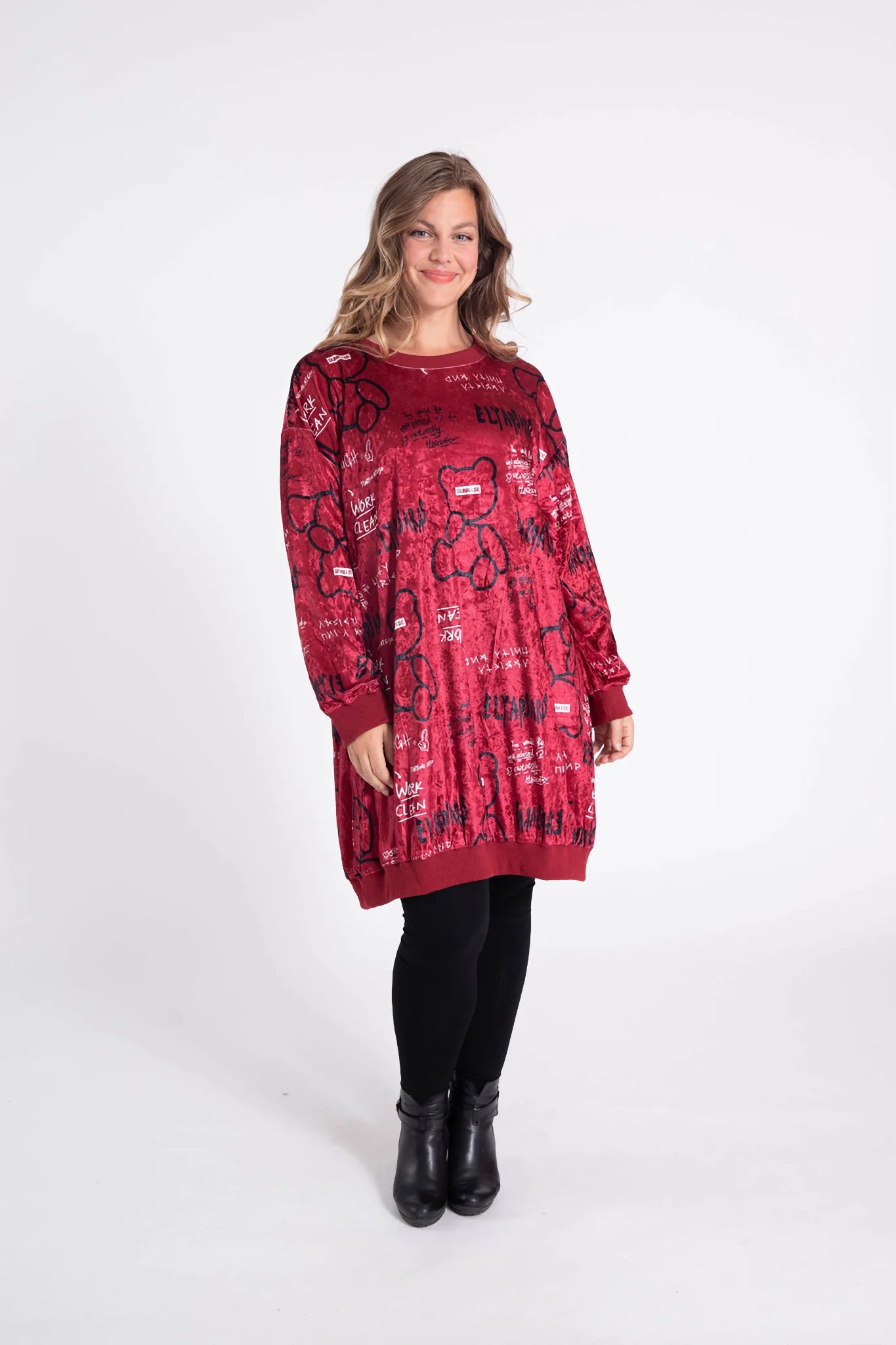  Pomme Rouge Kleid in gerader Form, aus Polyester, C6517, Rot, Buchstaben, Schick, Modern