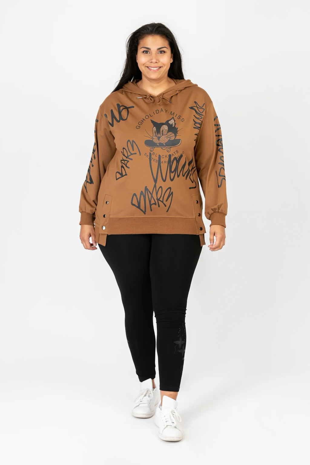  Pomme Rouge Hoody in gerader Form, aus Viskose, C6618, Cognac-Schwarz, Schick, Modern