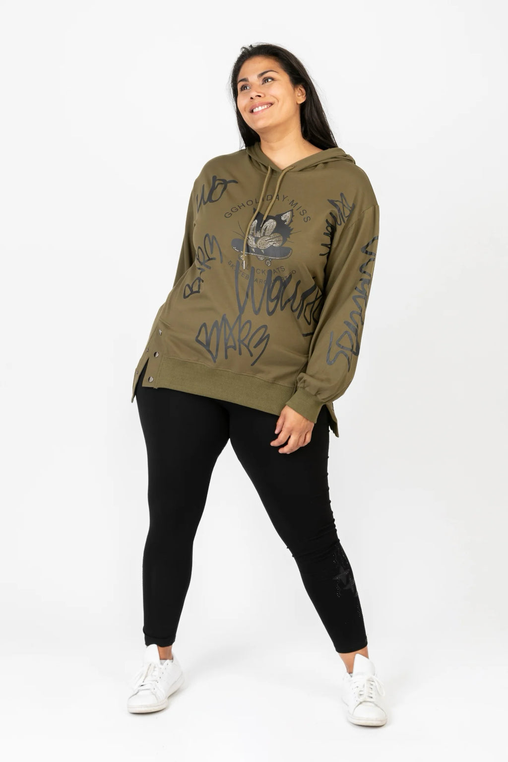  Pomme Rouge Hoody in gerader Form, aus Viskose, C6618, Olive-Schwarz, Schick, Modern
