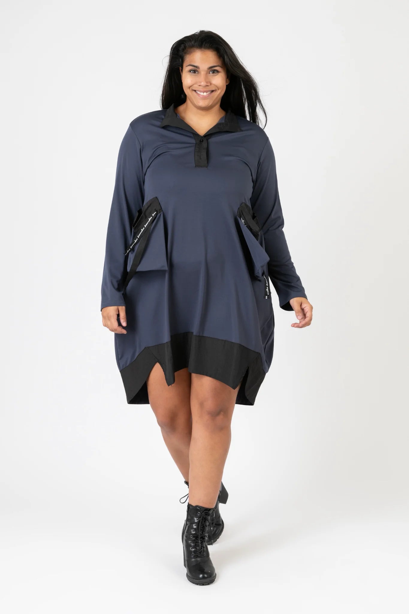  Ballonkleid von Pomme Rouge aus Viskose, C6651, DunkelBlau-Schwarz, Schick, Modern, Bequem