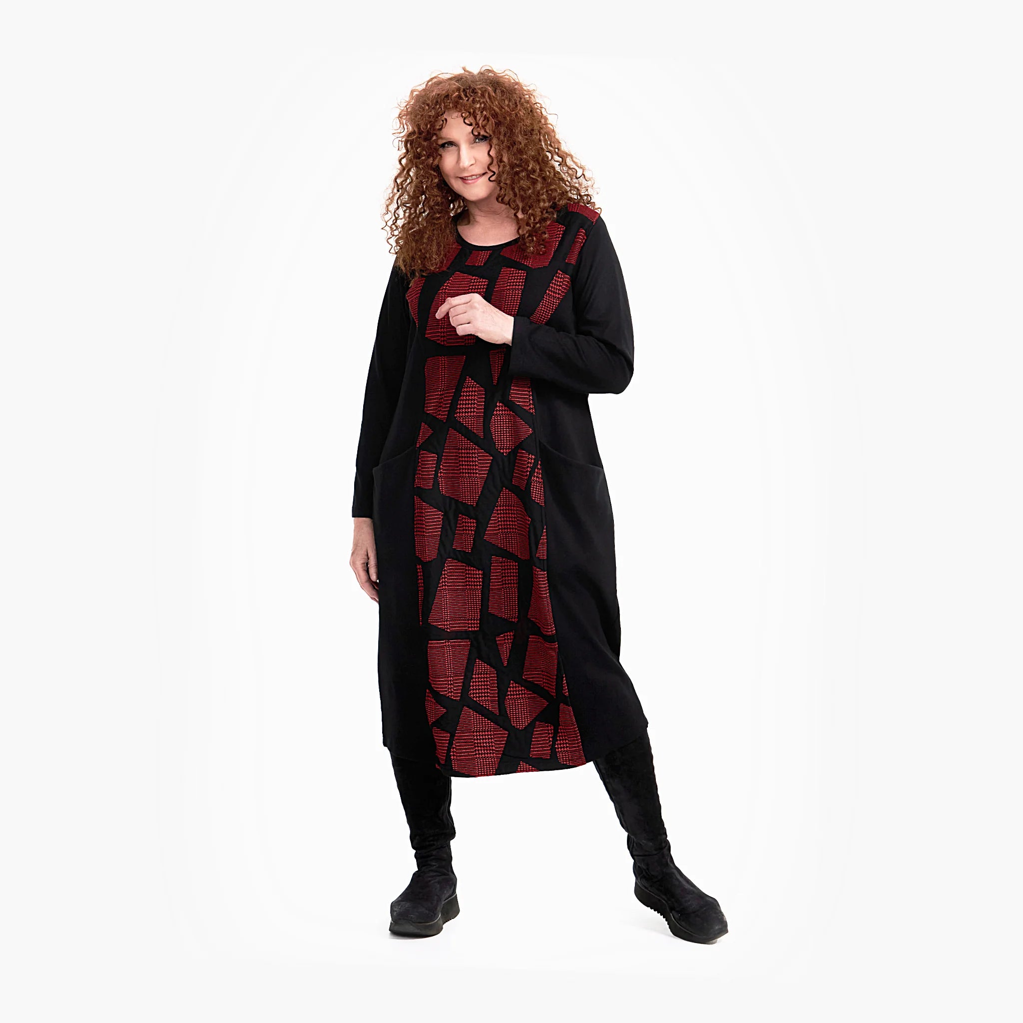  Ballonkleid von Do Your Best aus Viskose, D738, Schwarz/Rot, Abstrakt, Schick, Modern