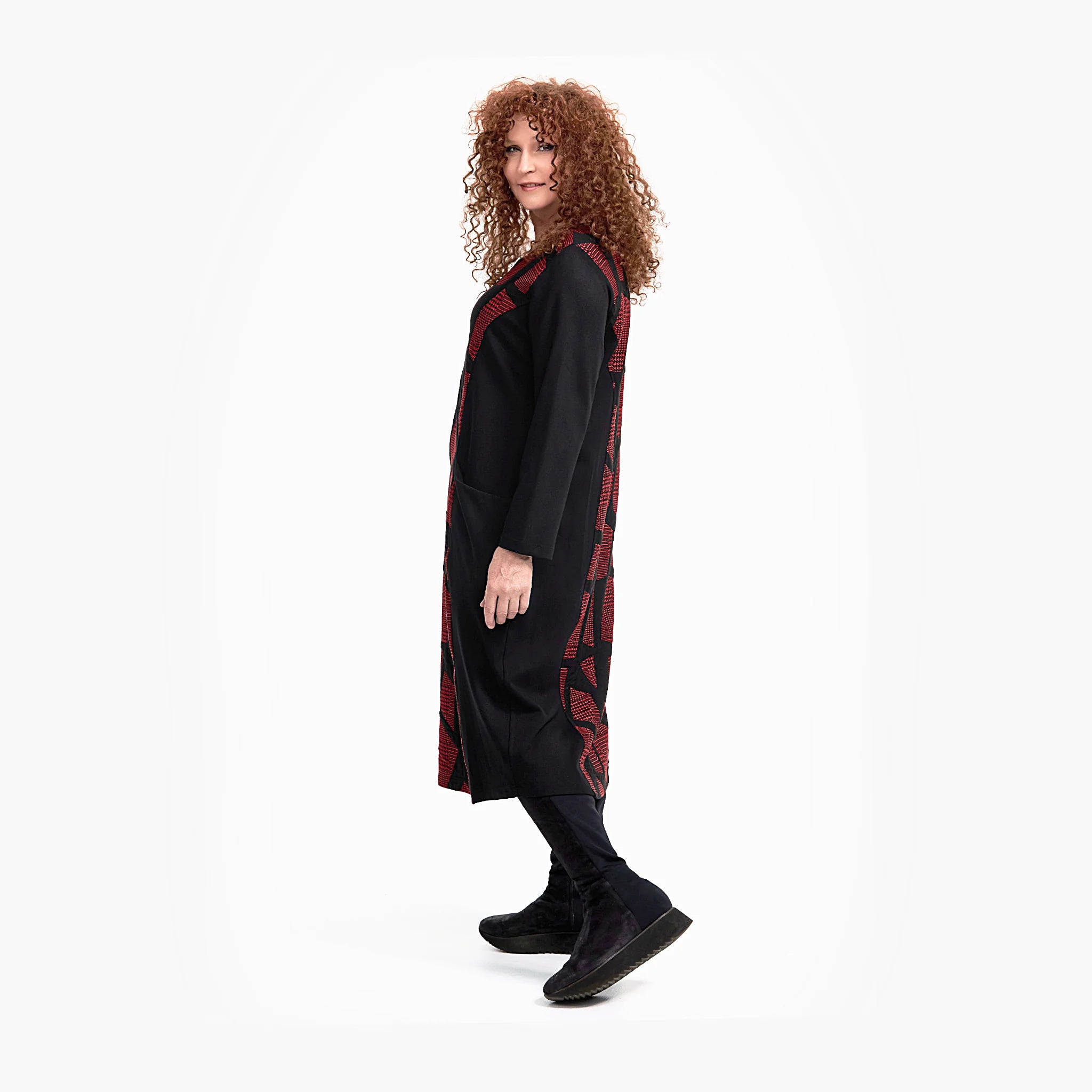  Ballonkleid von Do Your Best aus Viskose, D738, Schwarz/Rot, Abstrakt, Schick, Modern