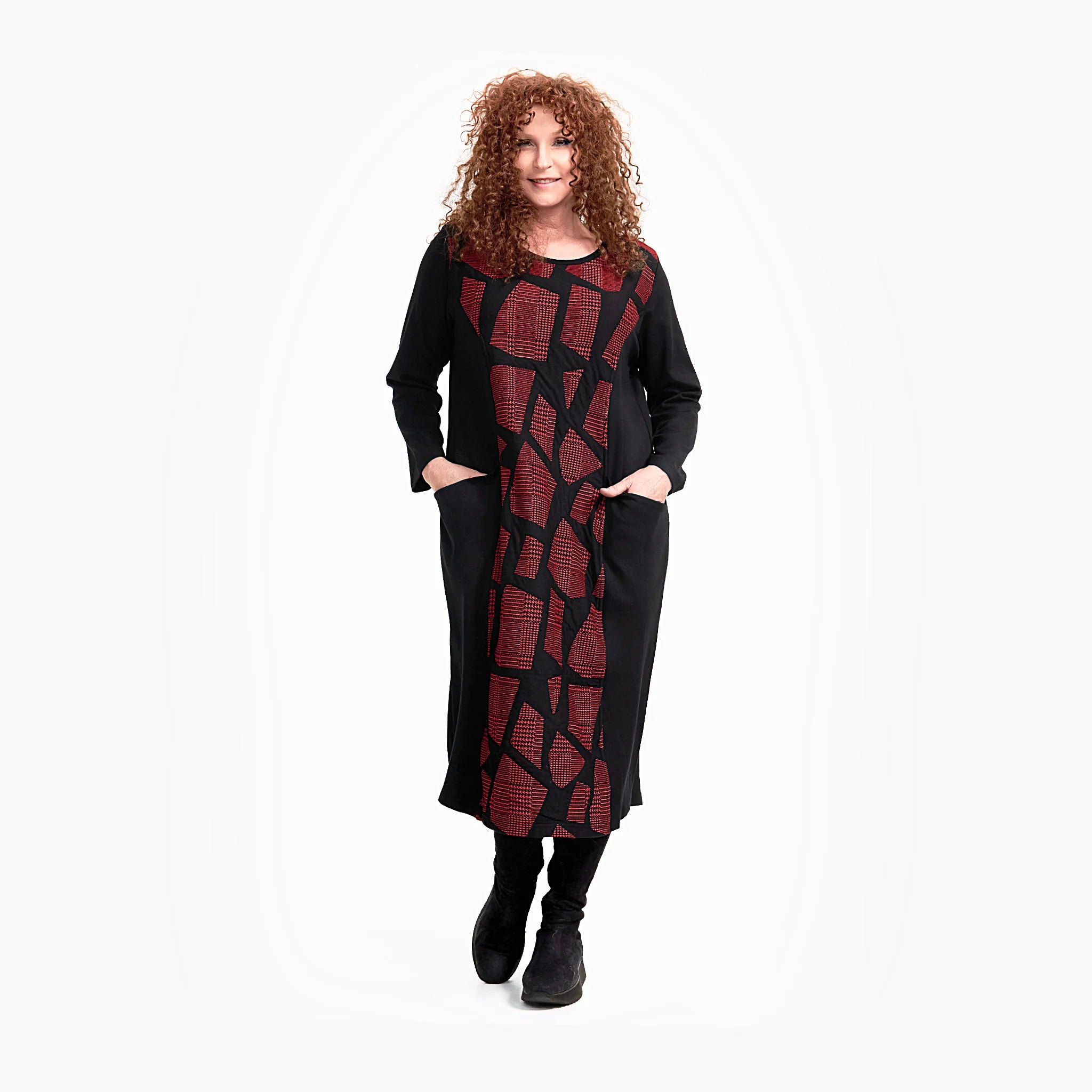  Ballonkleid von Do Your Best aus Viskose, D738, Schwarz/Rot, Abstrakt, Schick, Modern
