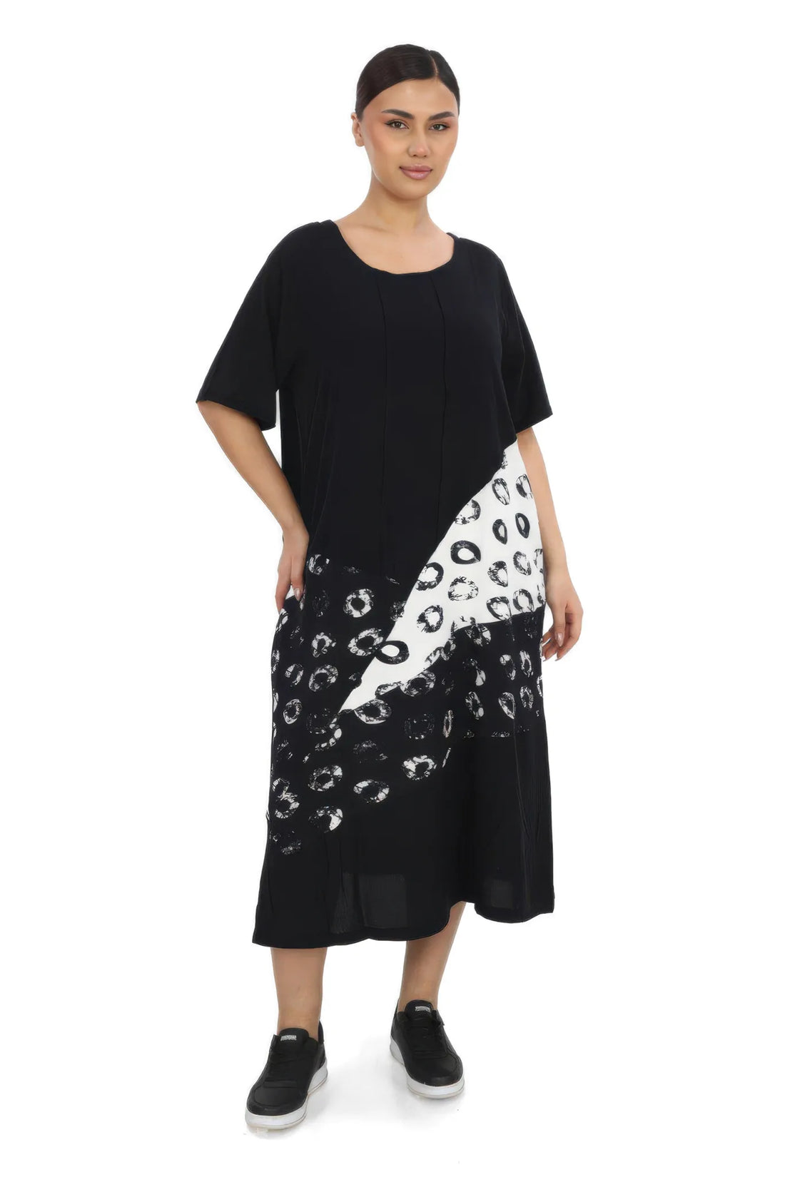  Divas Planet Kleid in gerader Form, aus Viskose, DP20096, Schwarz, Kringel, Ausgefallen