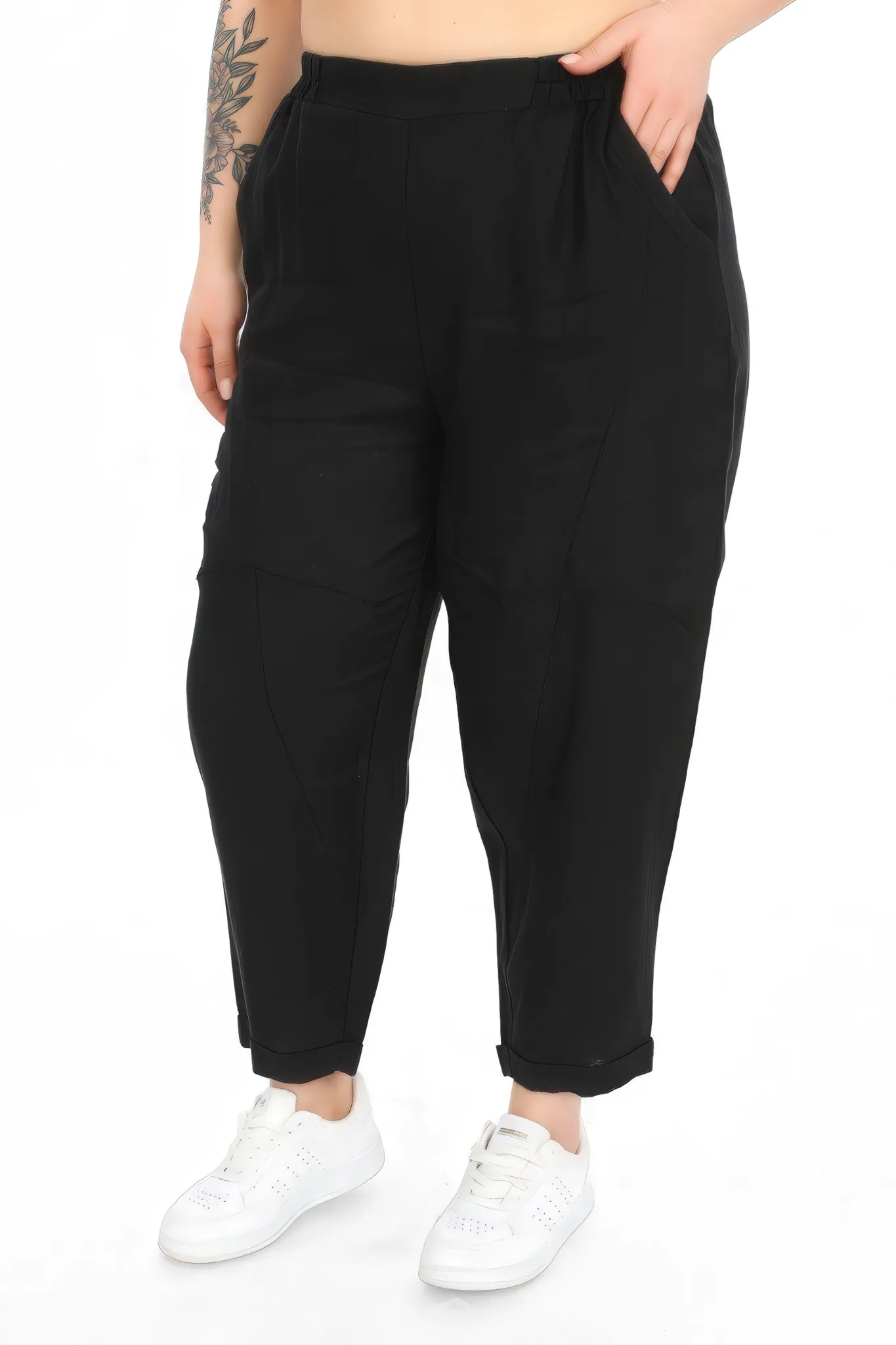  Karottenform Hose von Divas Planet aus Leinen, DP4382, Schwarz, Ausgefallen, Zeitlos