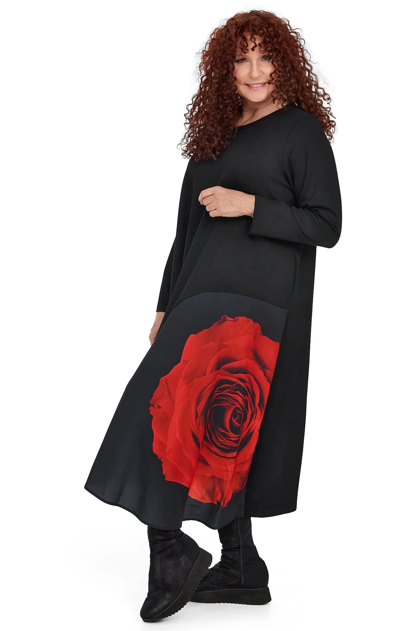  A-Form Kleid aus hochwertiger Viskose im klassischen Schwarz mit großem floralem Druck und Taschen