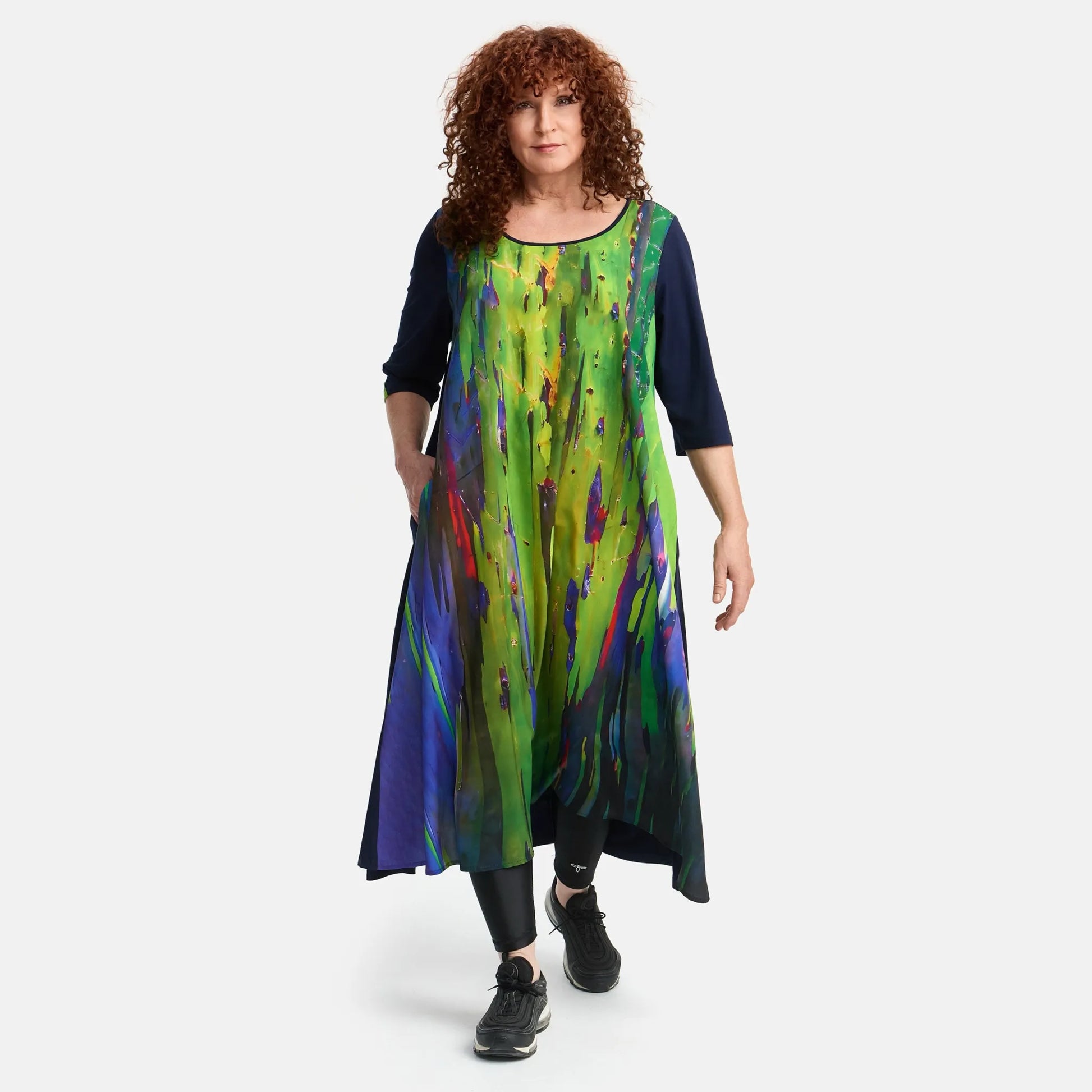  A-Form Kleid von Frenzi aus Viskose, F1512, Schwarz-Grün-Print, Schick, Modern, Bequem, Schick