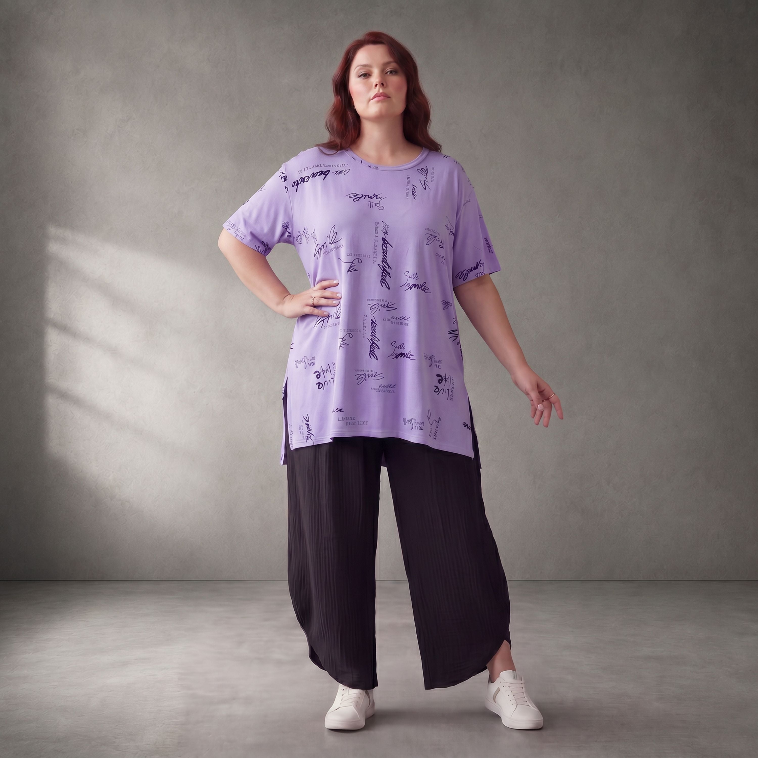 Damen Shirt Lagenlook Baumwolle Flieder, A-Form, Kurzarm, Seitenschlitze, Oversize große Größen – Funky Diva