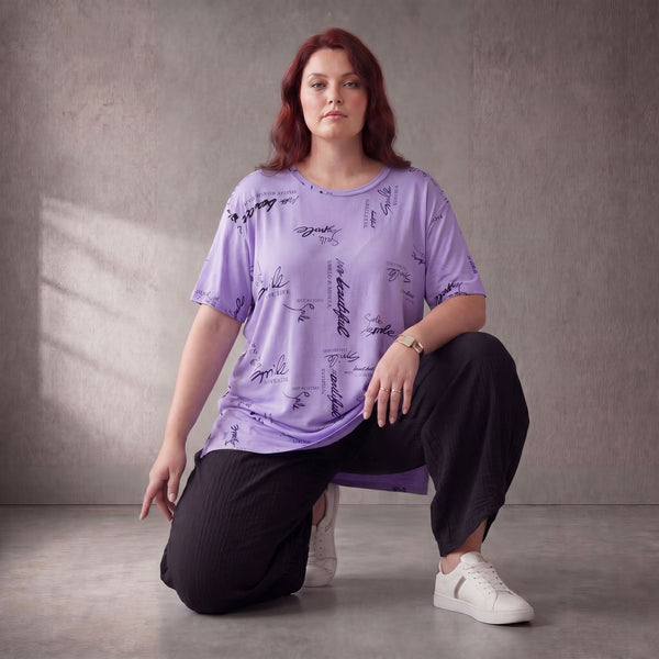 Damen Shirt Lagenlook Baumwolle Flieder, A-Form, Kurzarm, Seitenschlitze, Oversize große Größen – Funky Diva