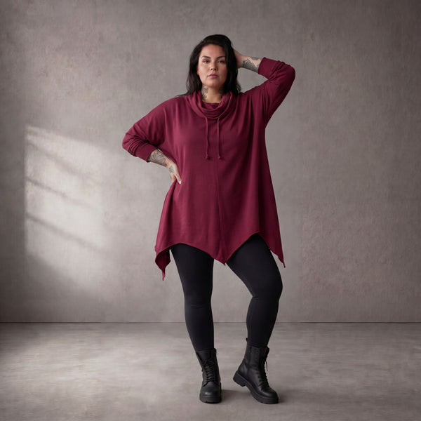 Damen Shirt Lagenlook Baumwolle Bordeaux, Rollkragen, Oversize große Größen – Funky Diva