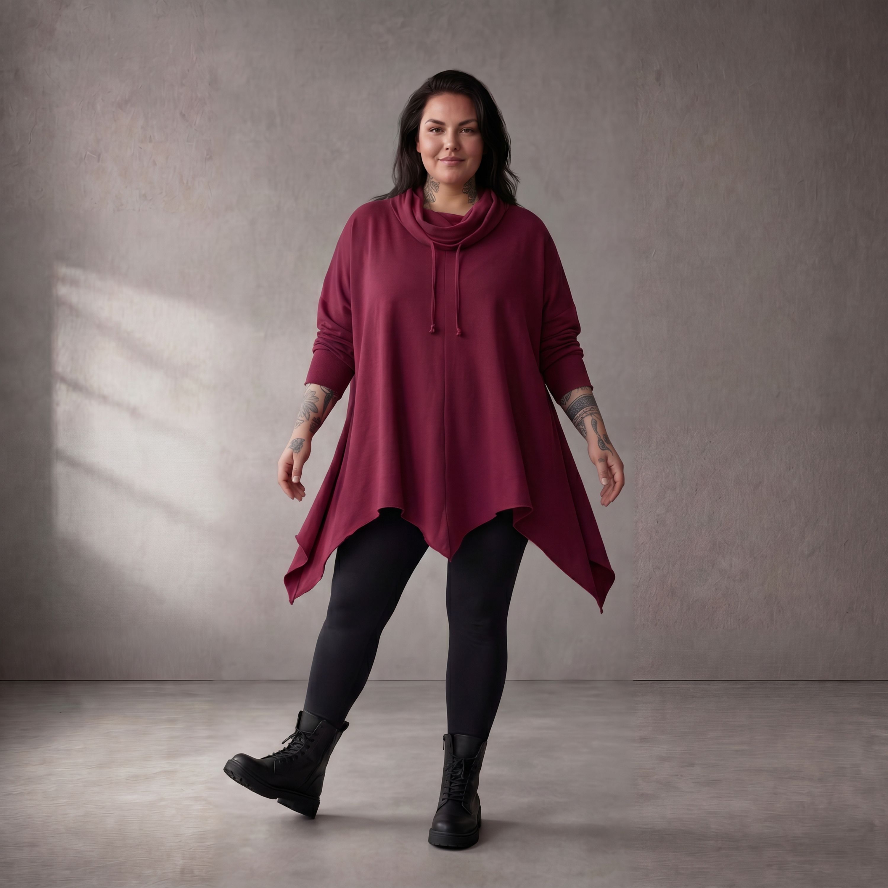 Damen Shirt Lagenlook Baumwolle Bordeaux, Rollkragen, Oversize große Größen – Funky Diva