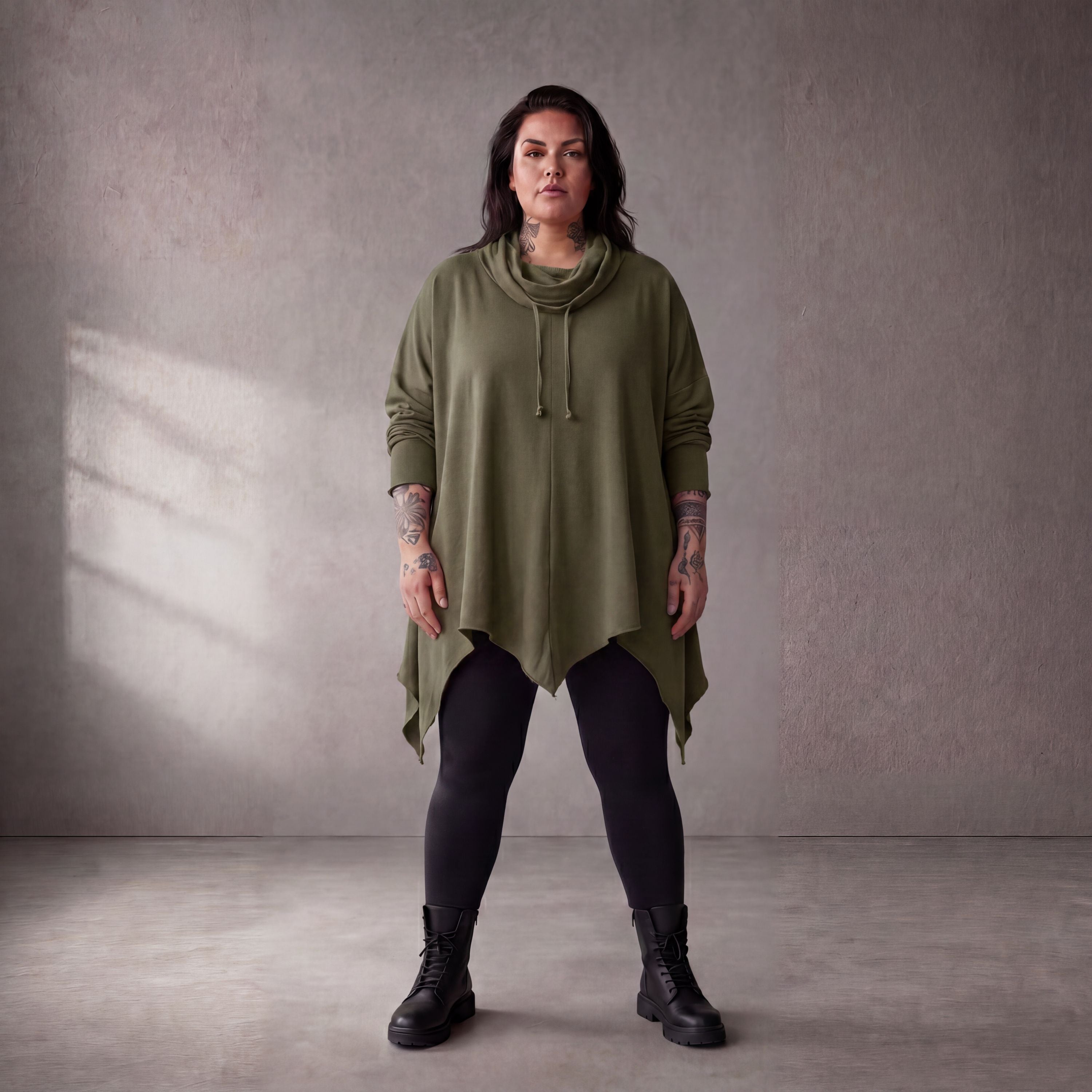 Damen Shirt Lagenlook Baumwolle Khaki, A-Linie, Rollkragen, Oversize große Größen – Funky Diva