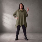 Damen Shirt Lagenlook Baumwolle Khaki, A-Linie, Rollkragen, Oversize große Größen – Funky Diva