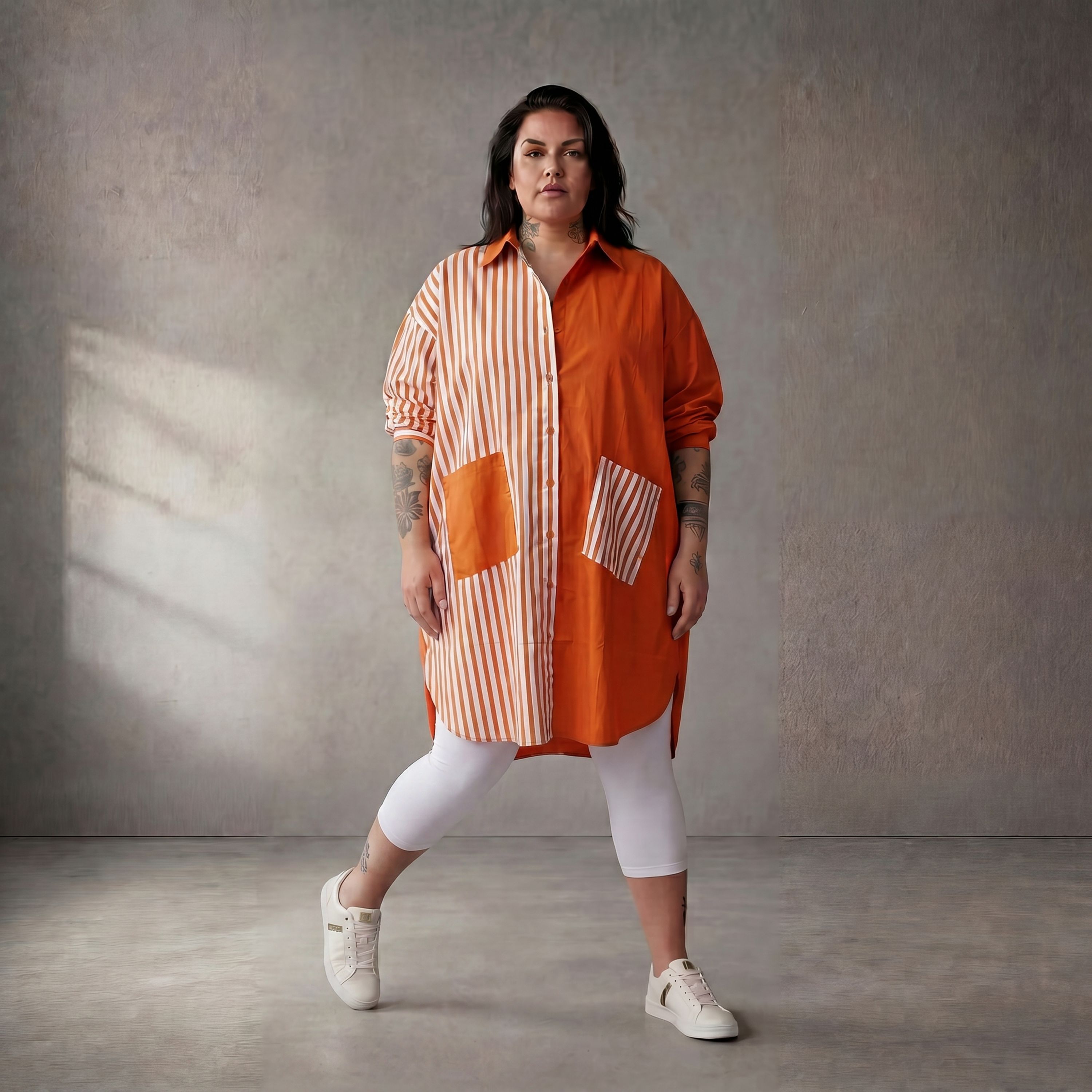 Leichte Popelinebluse in Orange/Weiß Oversize Look leger zeitlos mit Hemdkragen modern