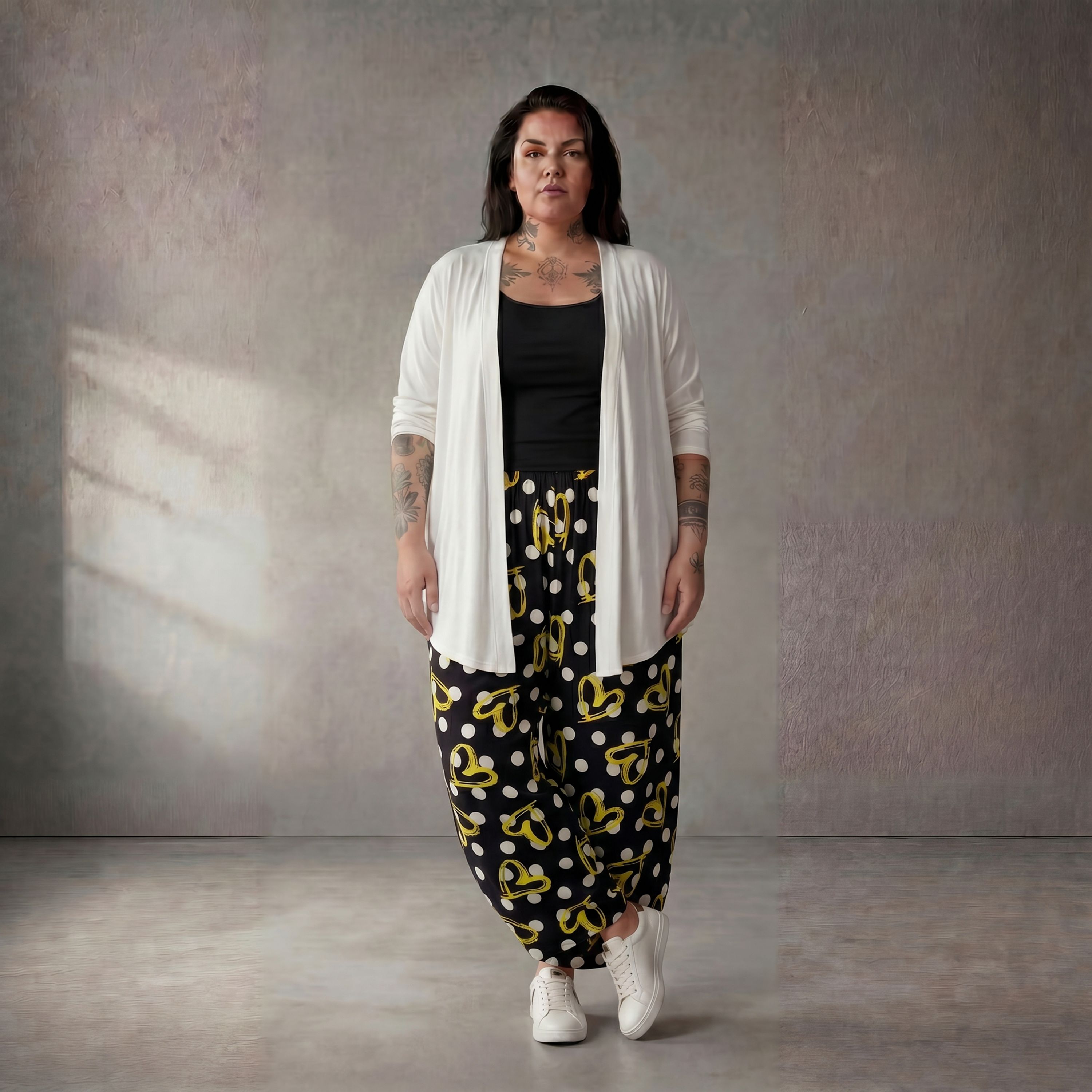 Ausgefallene Ballonhose in Schwarz Weiß Gelb Viskose leicht leger Lagenlook Oversize cool