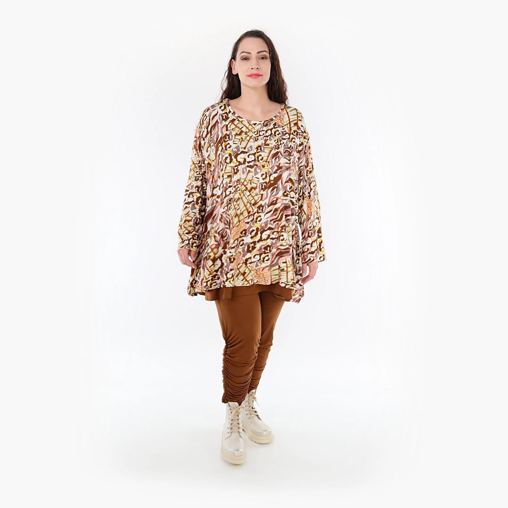  A-Form Bigshirt von AKH Fashion aus Viskose, 1355.00593, Cognac-Rose-Weiß, Muster, Schick