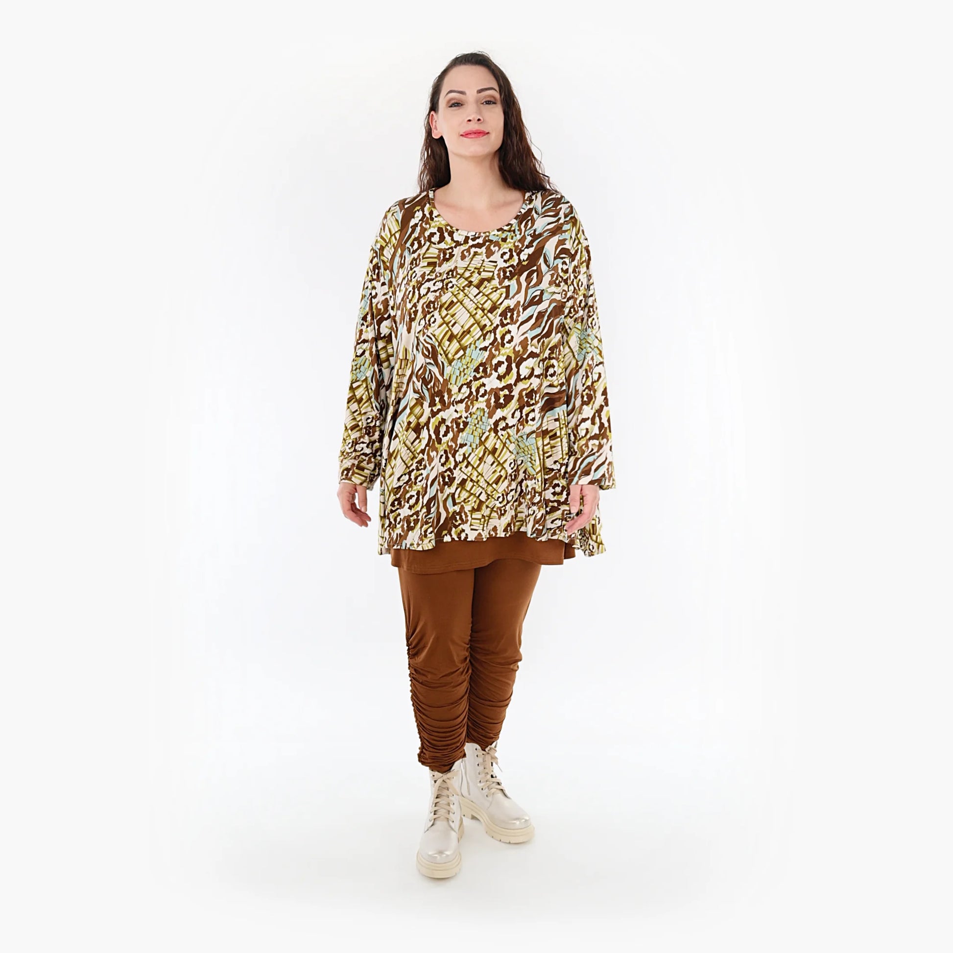  A-Form Bigshirt von AKH Fashion aus Viskose, 1355.00593, Olive-Cognac-Weiß, Schick, Modern