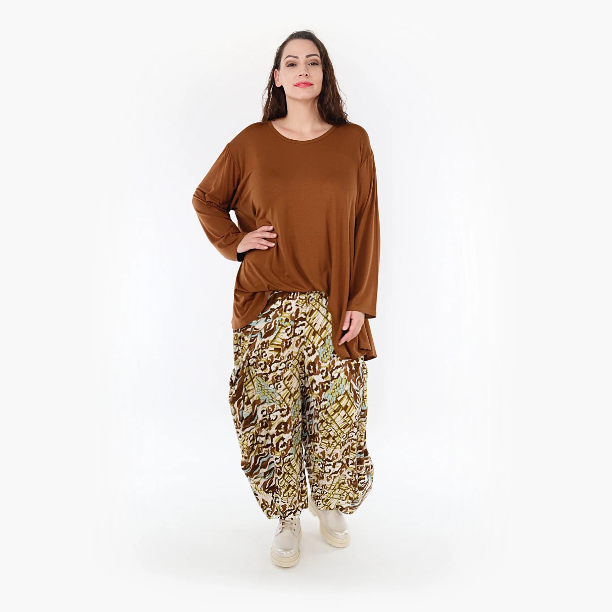  Ballonhose von AKH Fashion aus Viskose, 1355.08069, Olive-Cognac-Weiß, Muster, Ausgefallen