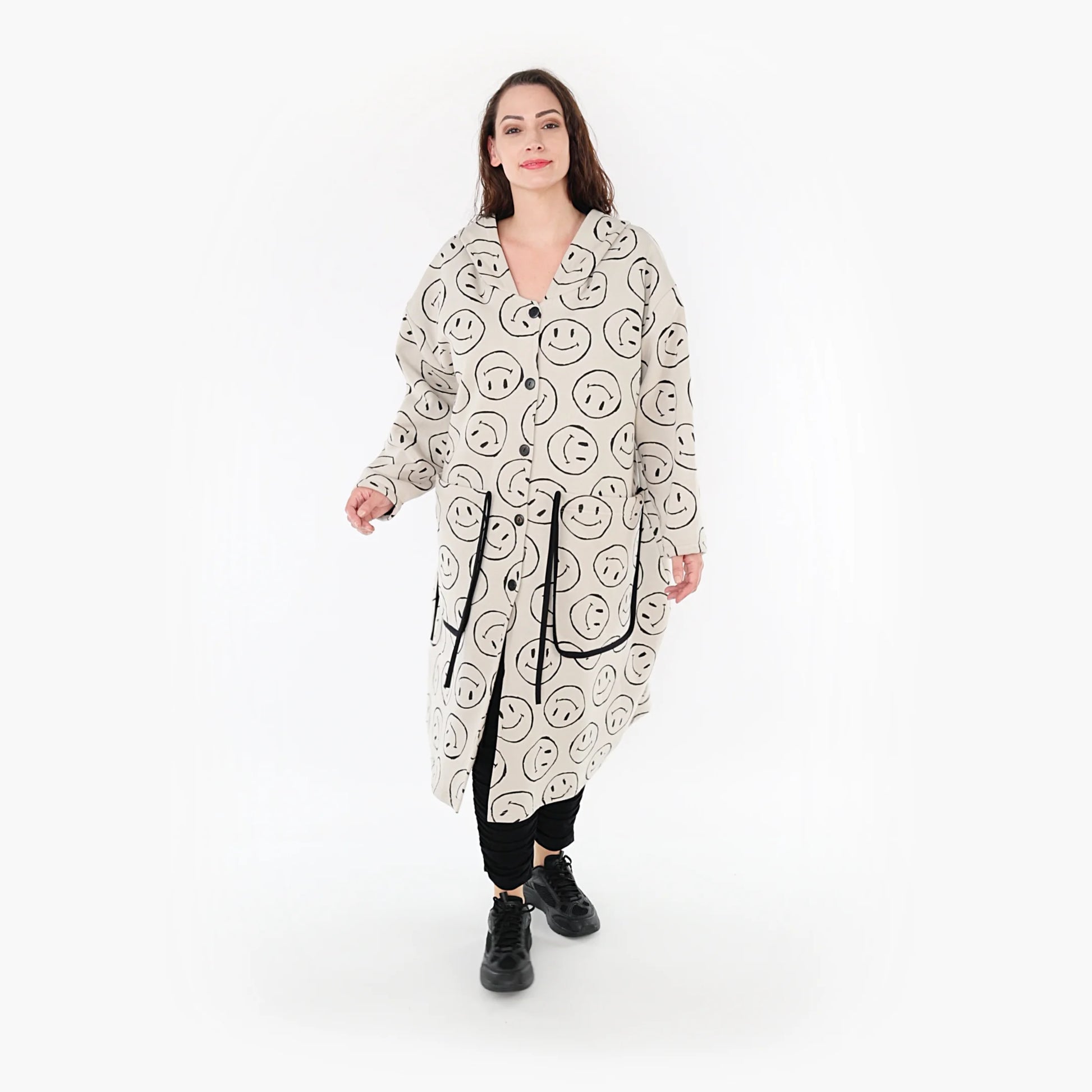  Beige-schwarzer Ballonmantel aus weichem Fleece mit praktischen Taschen im Oversize-Look für Plus-Size