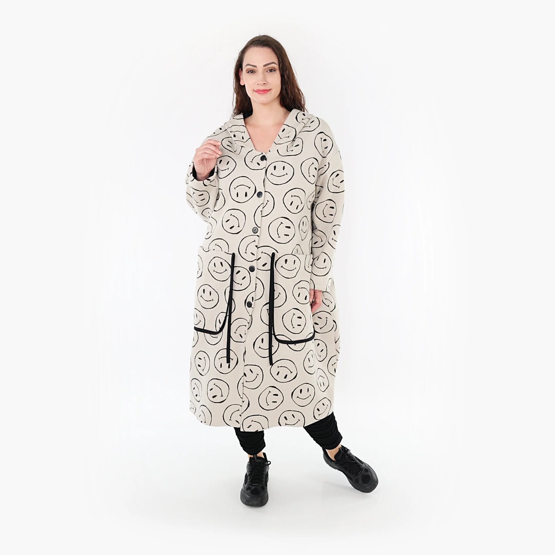  Beige-schwarzer Ballonmantel aus weichem Fleece mit praktischen Taschen im Oversize-Look für Plus-Size