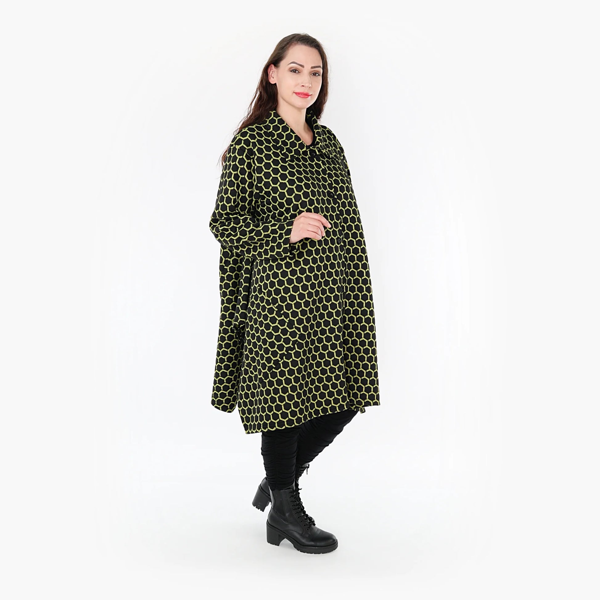  Ballonjacke im modernen Lagenlook mit trendigem Lime-Rautenmuster für Plus Size Fashion