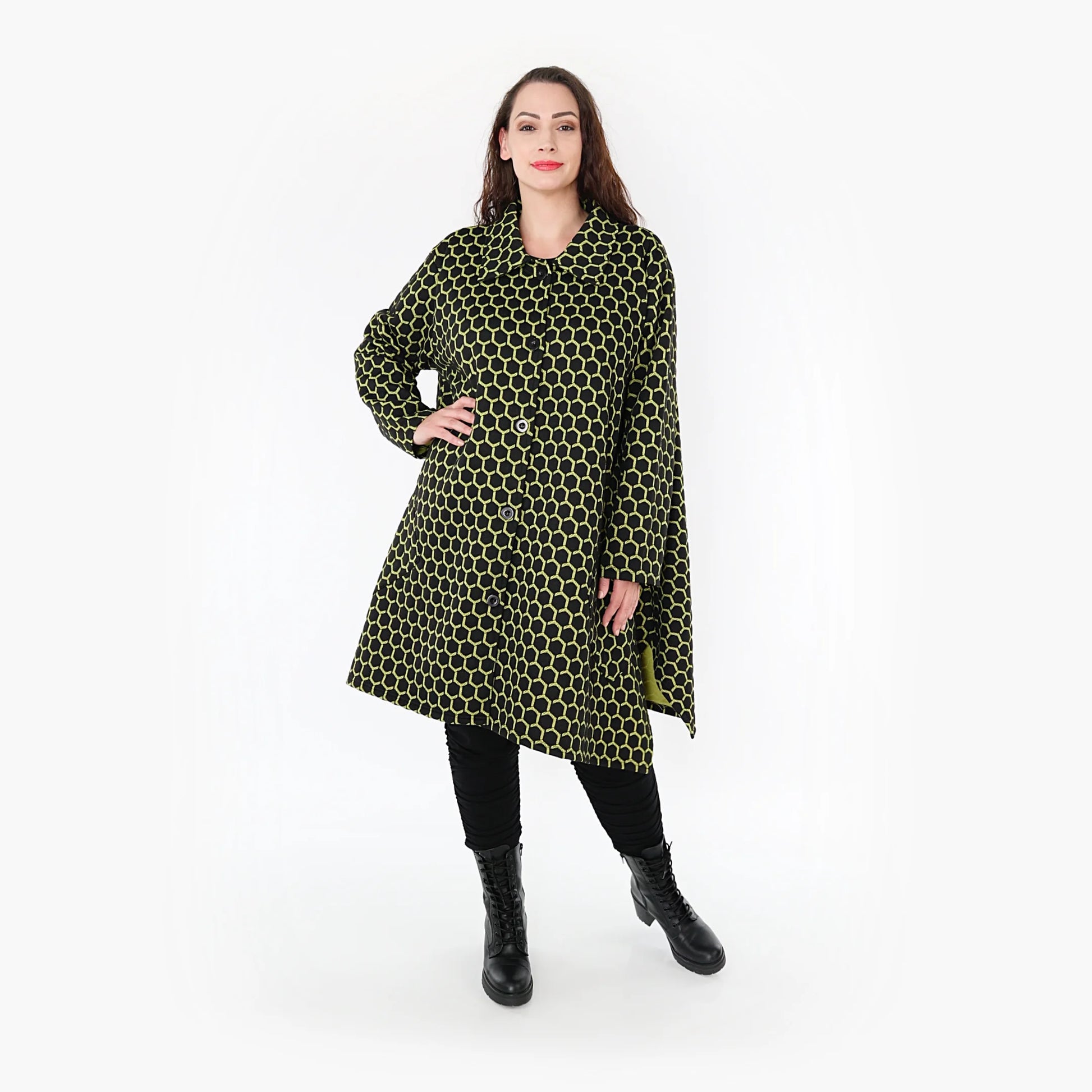  Ballonjacke im modernen Lagenlook mit trendigem Lime-Rautenmuster für Plus Size Fashion