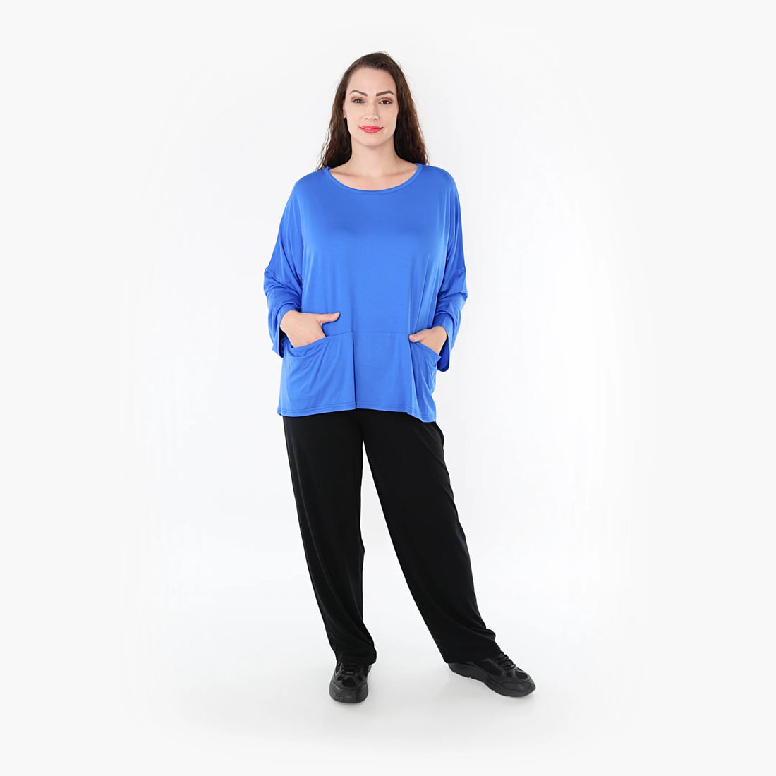  Modisches kastiges Shirt mit Viskose und Elasthan, Lagenlook, praktische Nahttaschen für Plus Size