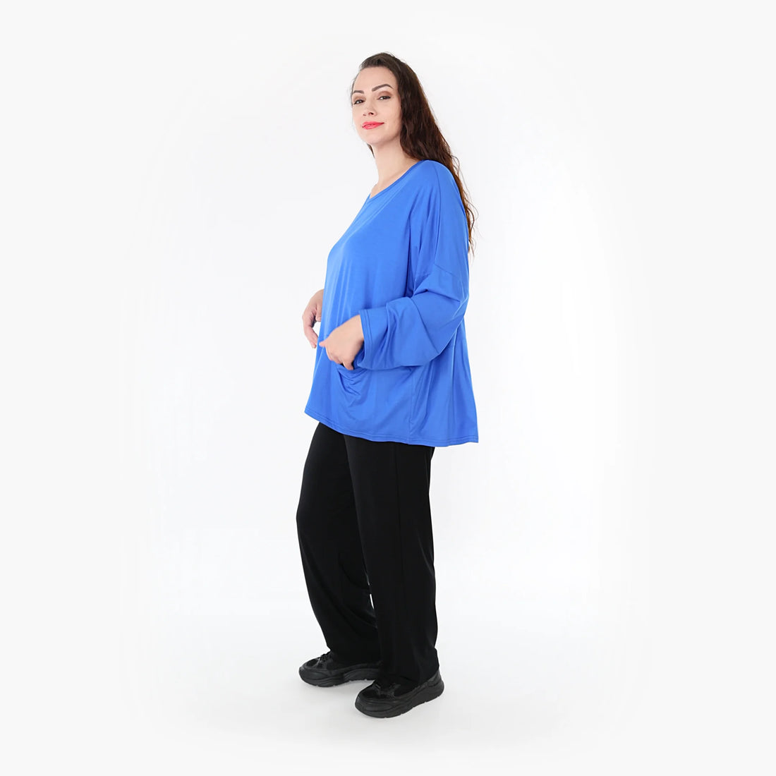  Modisches kastiges Shirt mit Viskose und Elasthan, Lagenlook, praktische Nahttaschen für Plus Size