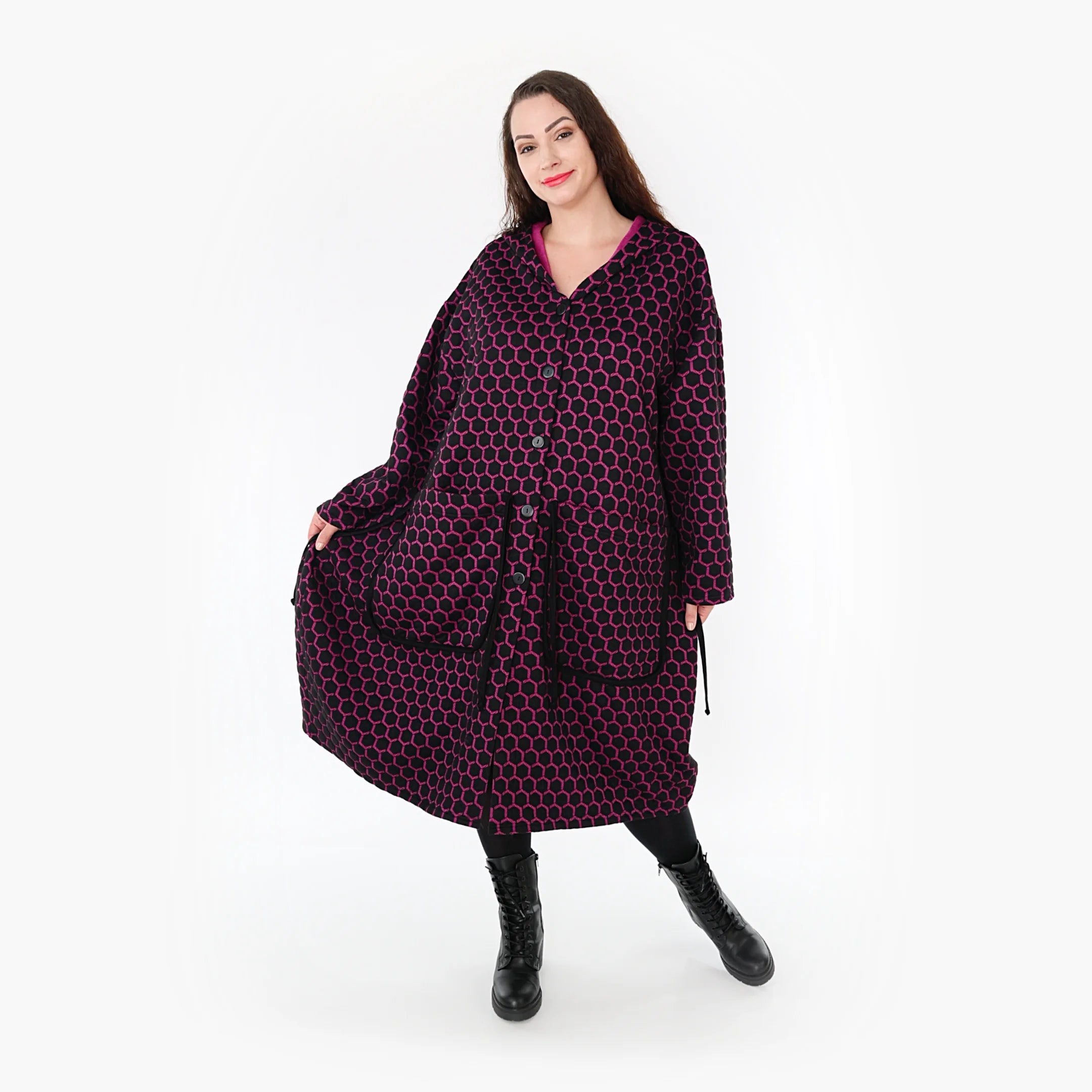  Ballonmantel von AKH Fashion aus Materialmix, 1365.06986, Schwarz-Fuchsia, Raute, Schick