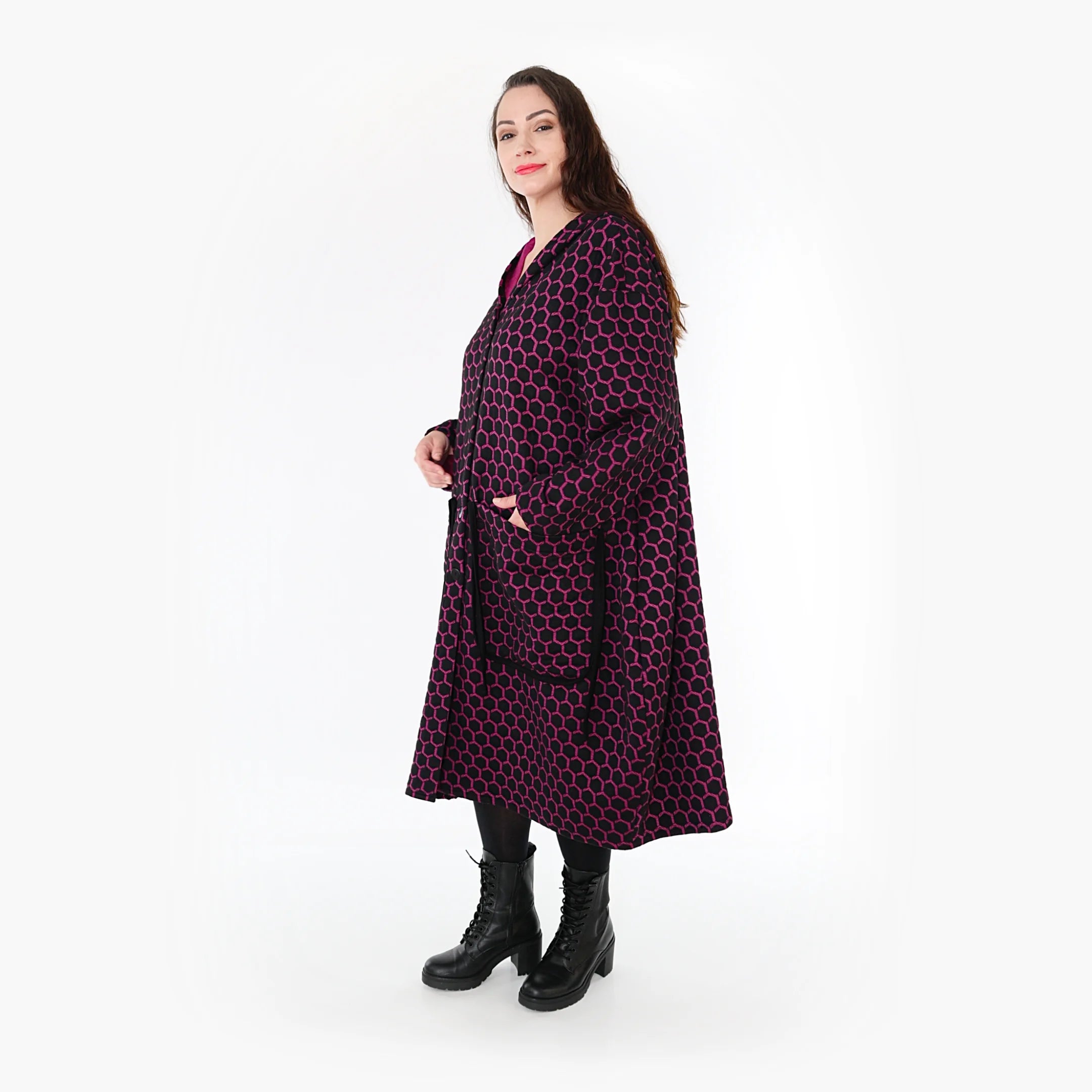  Ballonmantel von AKH Fashion aus Materialmix, 1365.06986, Schwarz-Fuchsia, Raute, Schick