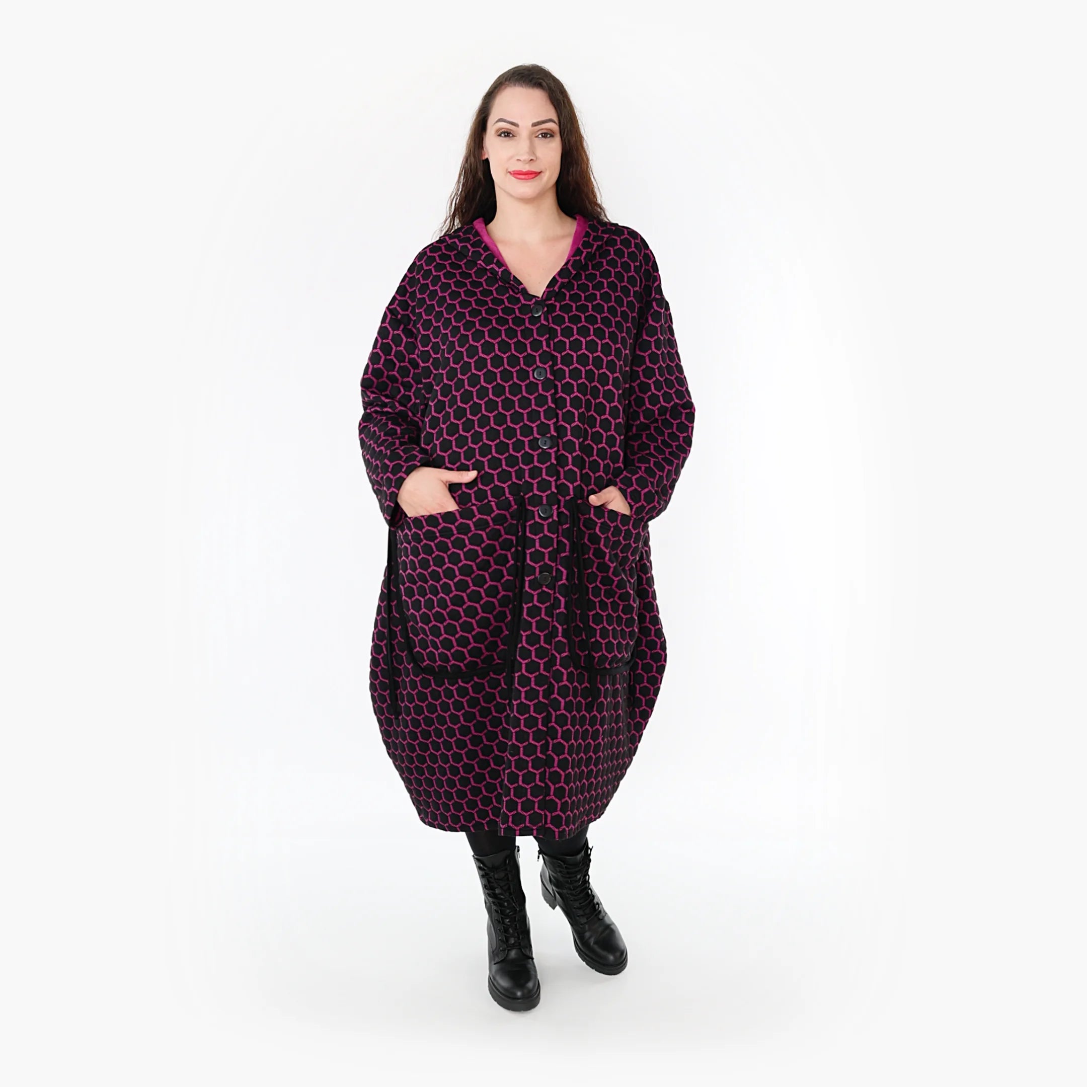  Ballonmantel von AKH Fashion aus Materialmix, 1365.06986, Schwarz-Fuchsia, Raute, Schick