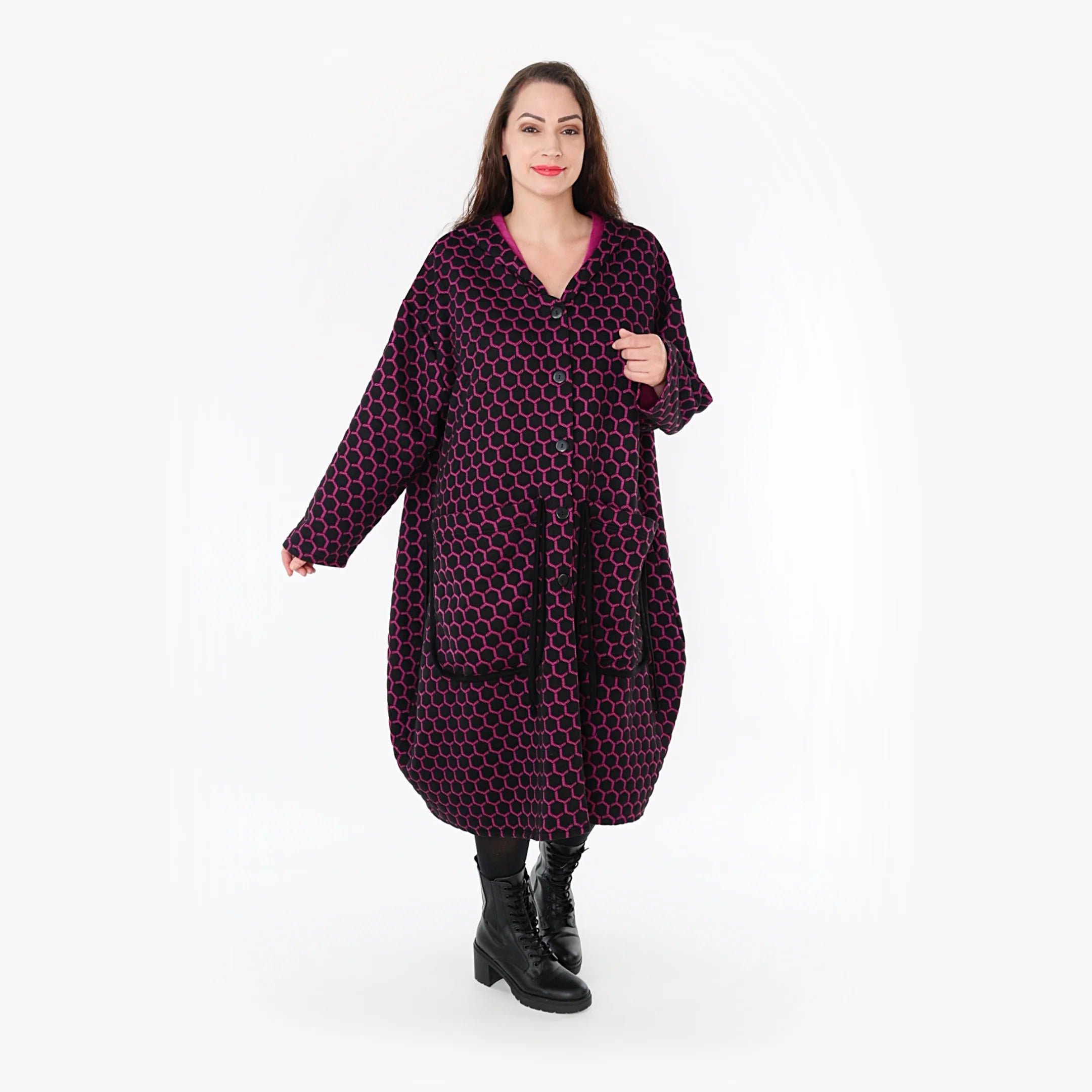  Ballonmantel von AKH Fashion aus Materialmix, 1365.06986, Schwarz-Fuchsia, Raute, Schick