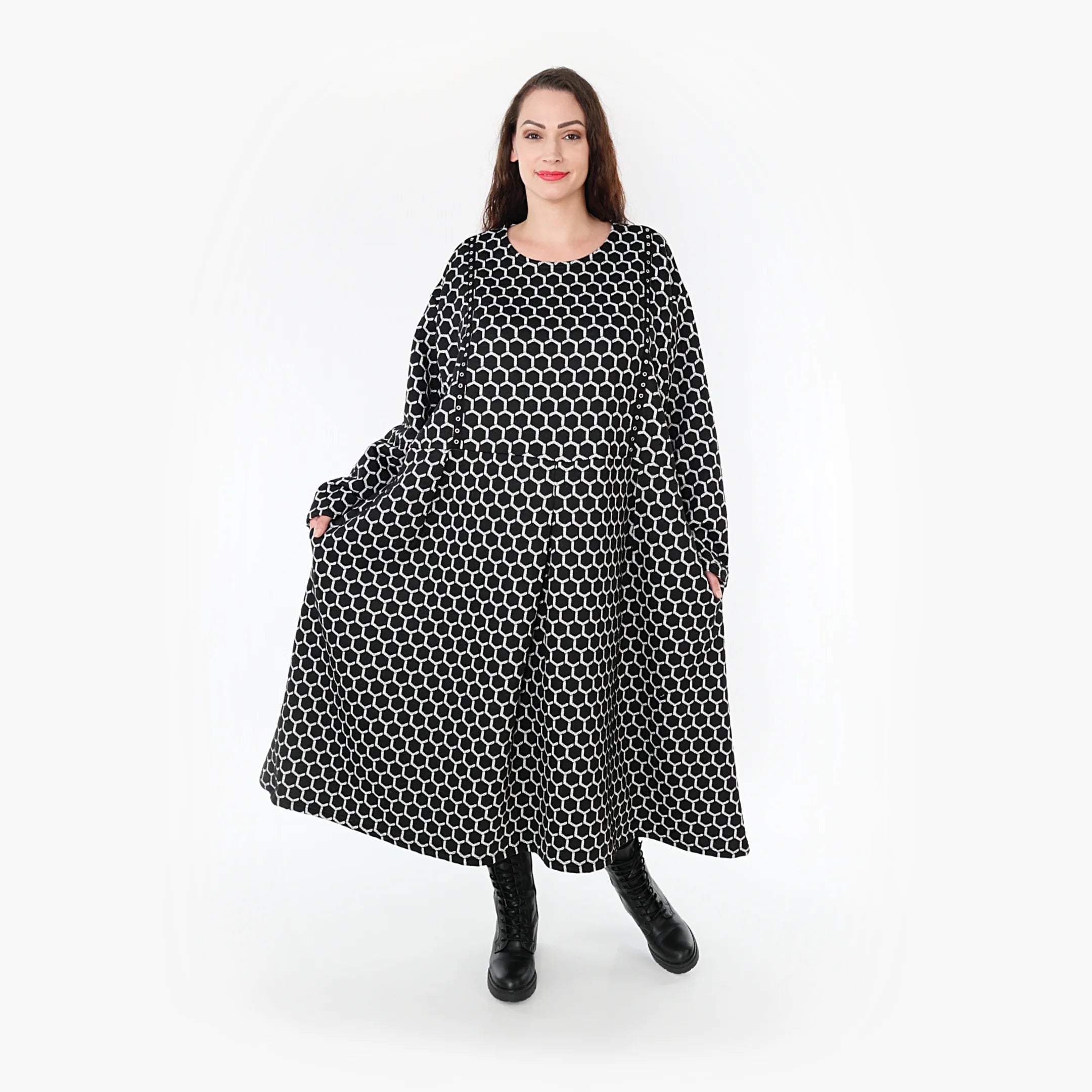  Ballonkleid von AKH Fashion aus Materialmix, 1365.06984, Schwarz-Weiß, Raute, Schick
