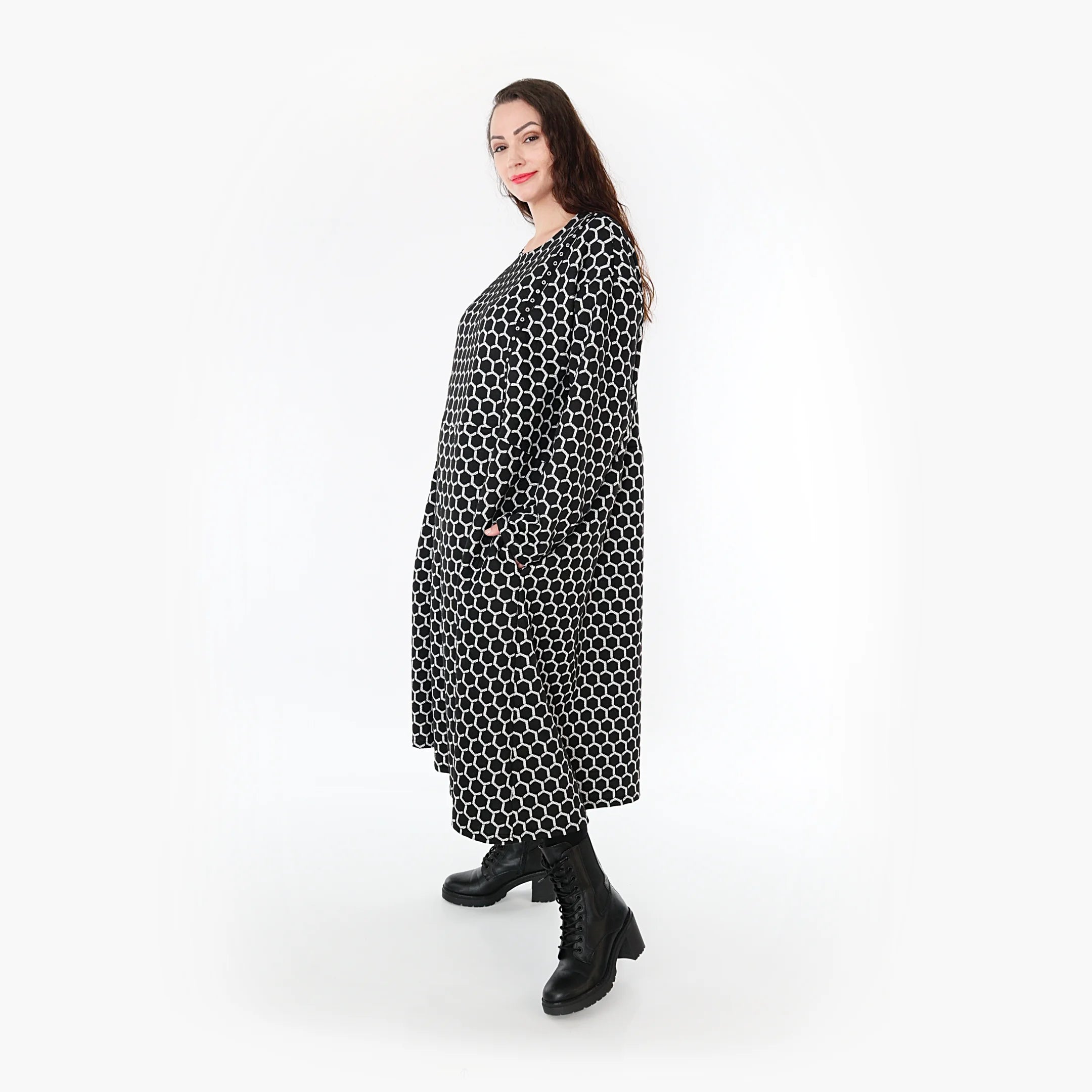  Ballonkleid von AKH Fashion aus Materialmix, 1365.06984, Schwarz-Weiß, Raute, Schick