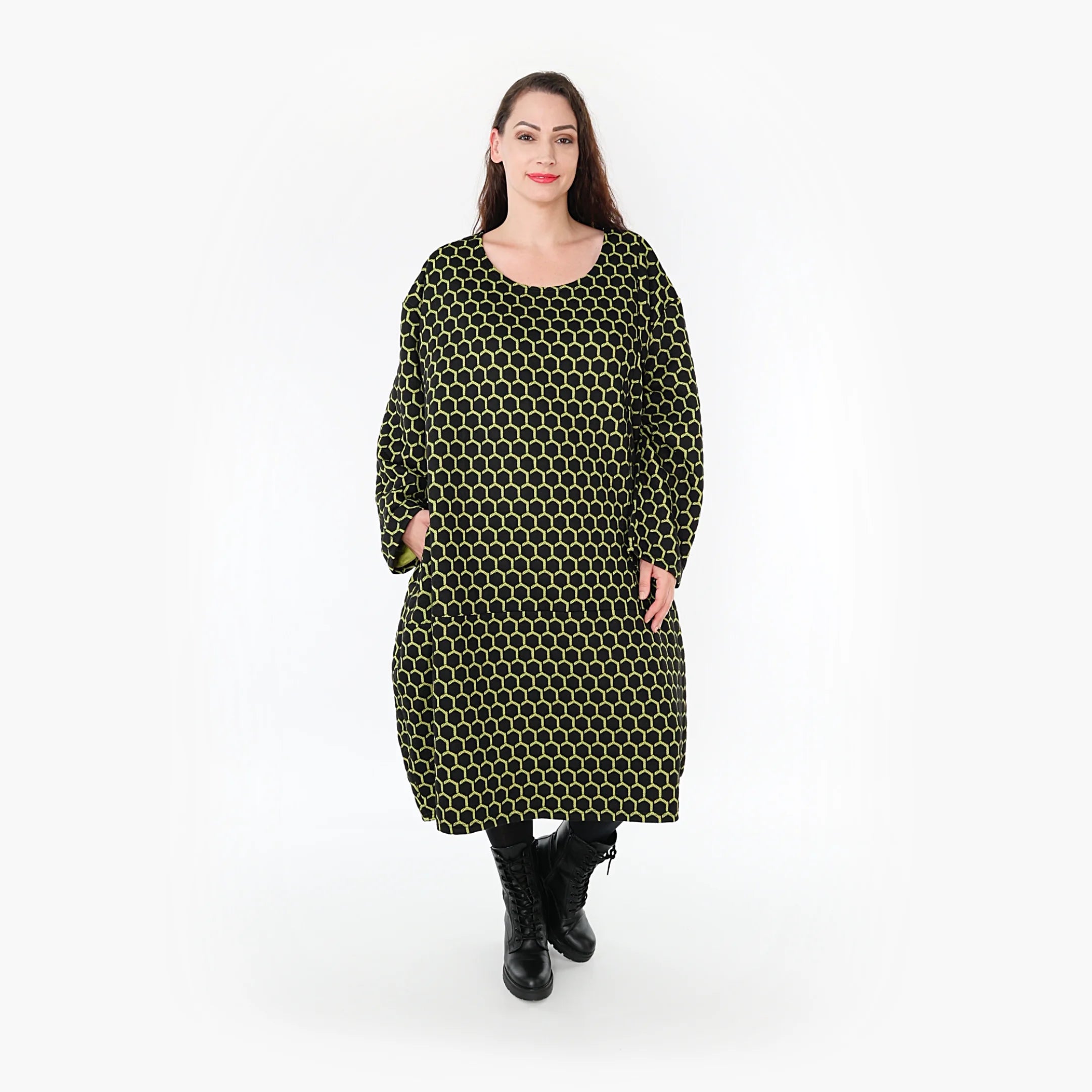  Ballonkleid von AKH Fashion aus Materialmix, 1365.06859, Schwarz-Lime, Raute, Schick