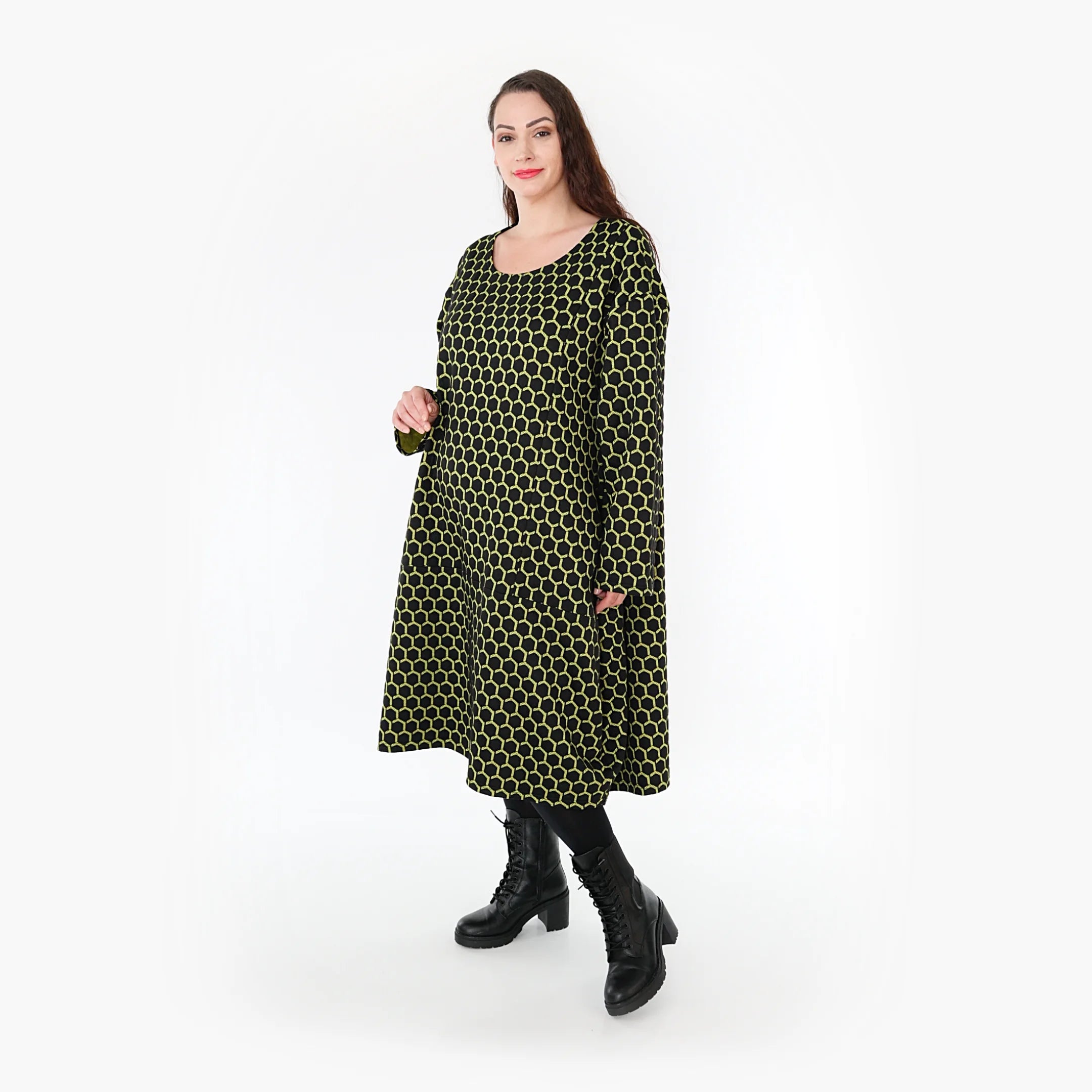  Ballonkleid von AKH Fashion aus Materialmix, 1365.06859, Schwarz-Lime, Raute, Schick