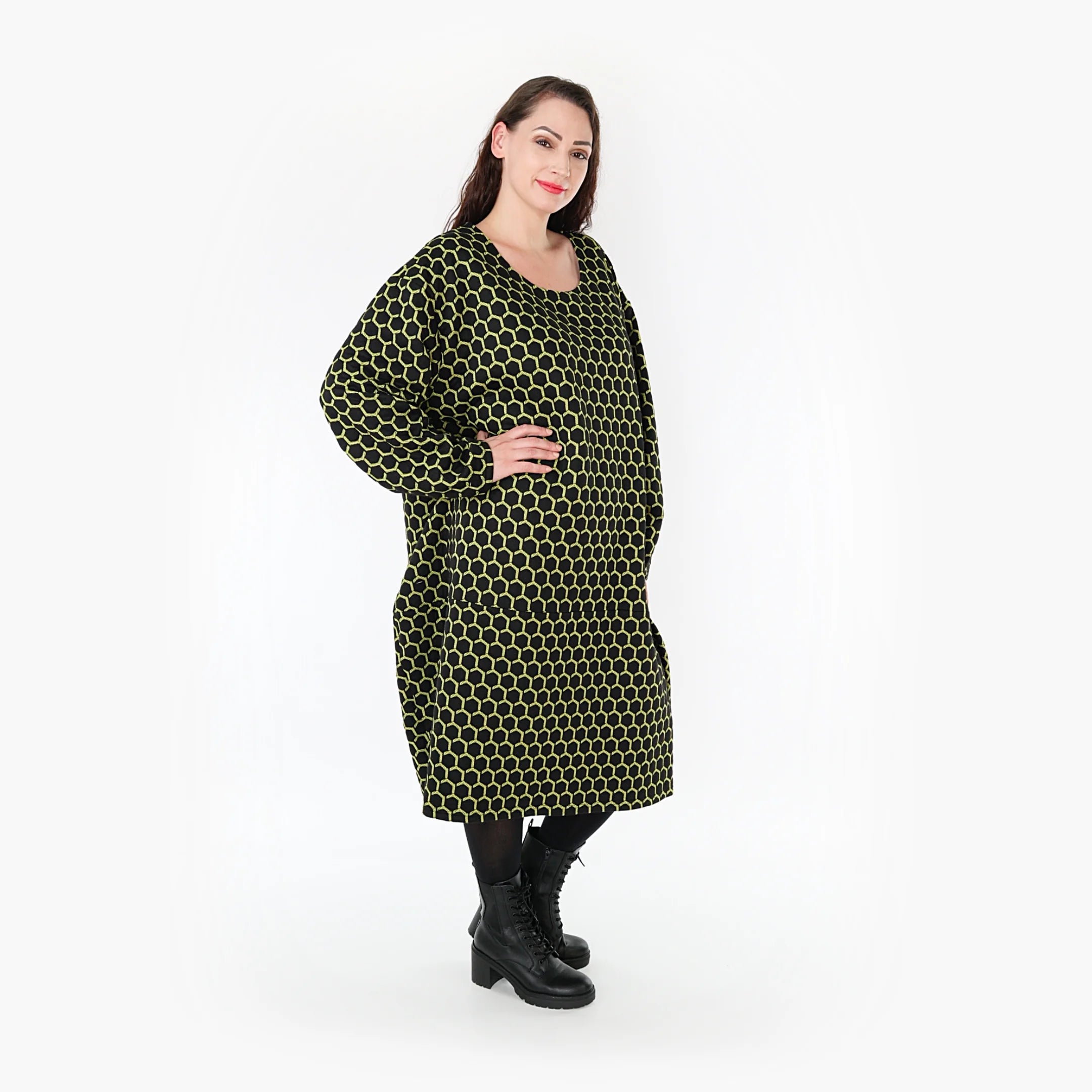  Ballonkleid von AKH Fashion aus Materialmix, 1365.06859, Schwarz-Lime, Raute, Schick