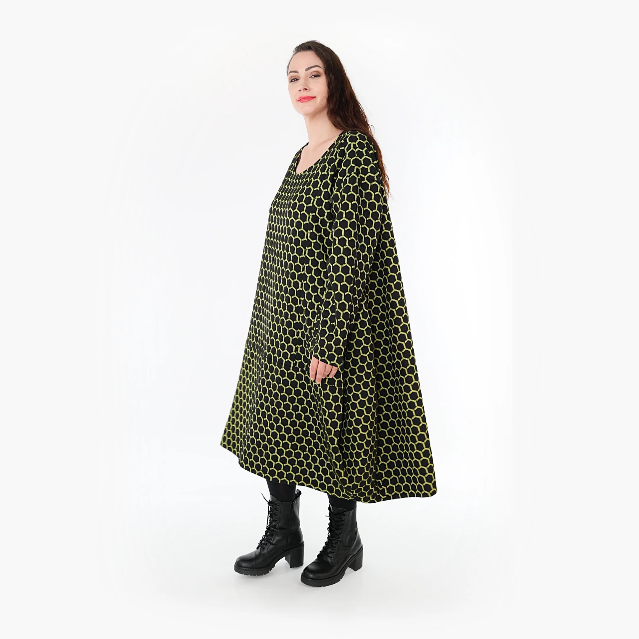  Ballonkleid von AKH Fashion aus Materialmix, 1365.06859, Schwarz-Lime, Raute, Schick