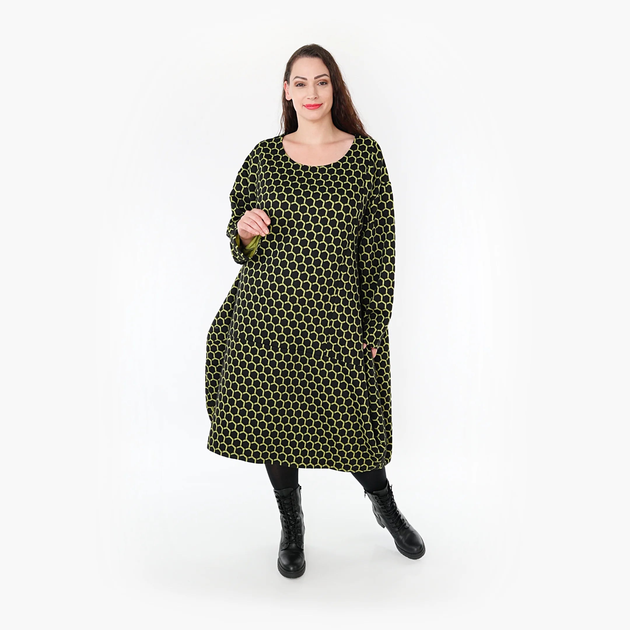  Ballonkleid von AKH Fashion aus Materialmix, 1365.06859, Schwarz-Lime, Raute, Schick