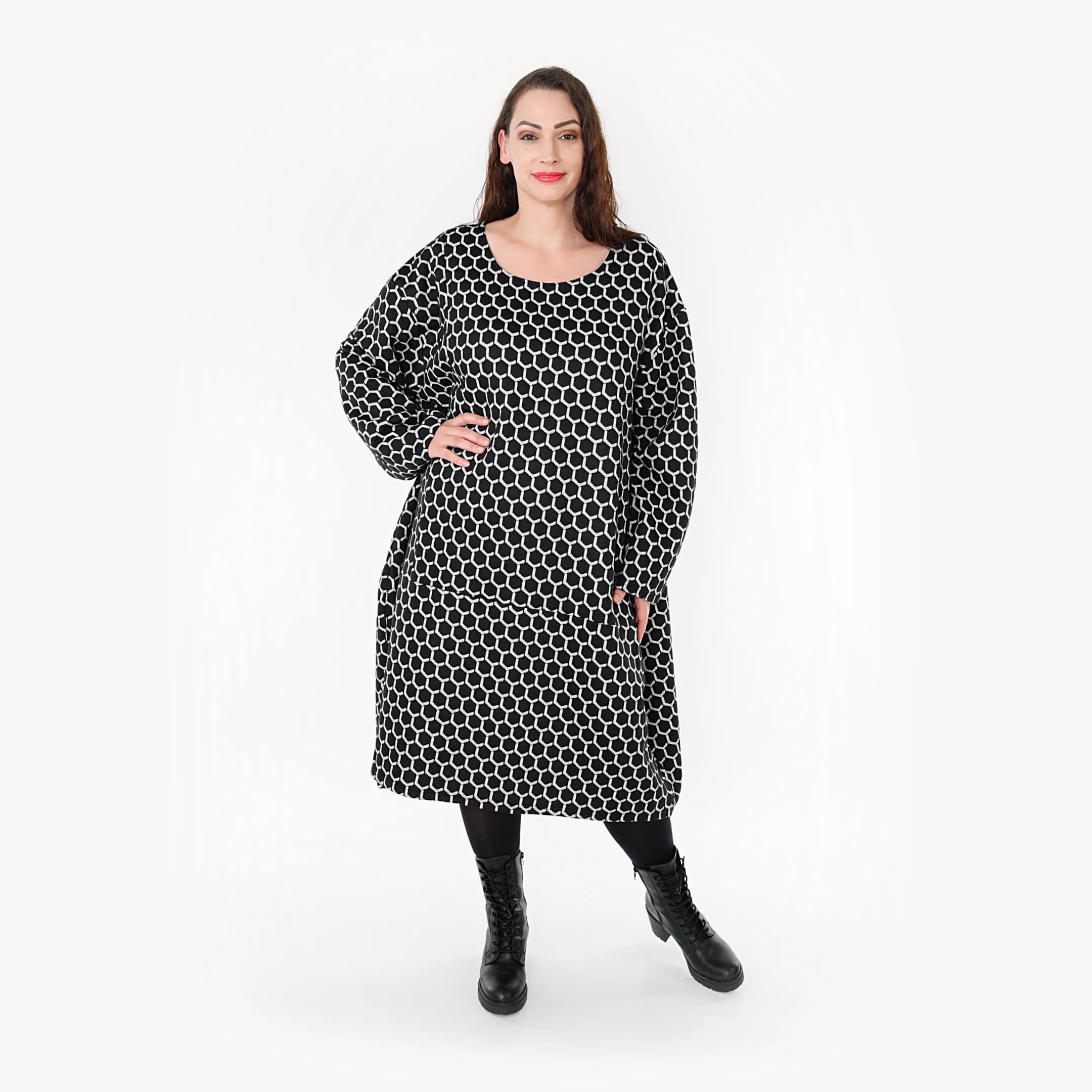  Ballonkleid von AKH Fashion aus Materialmix, 1365.06859, Schwarz-Weiß, Raute, Schick