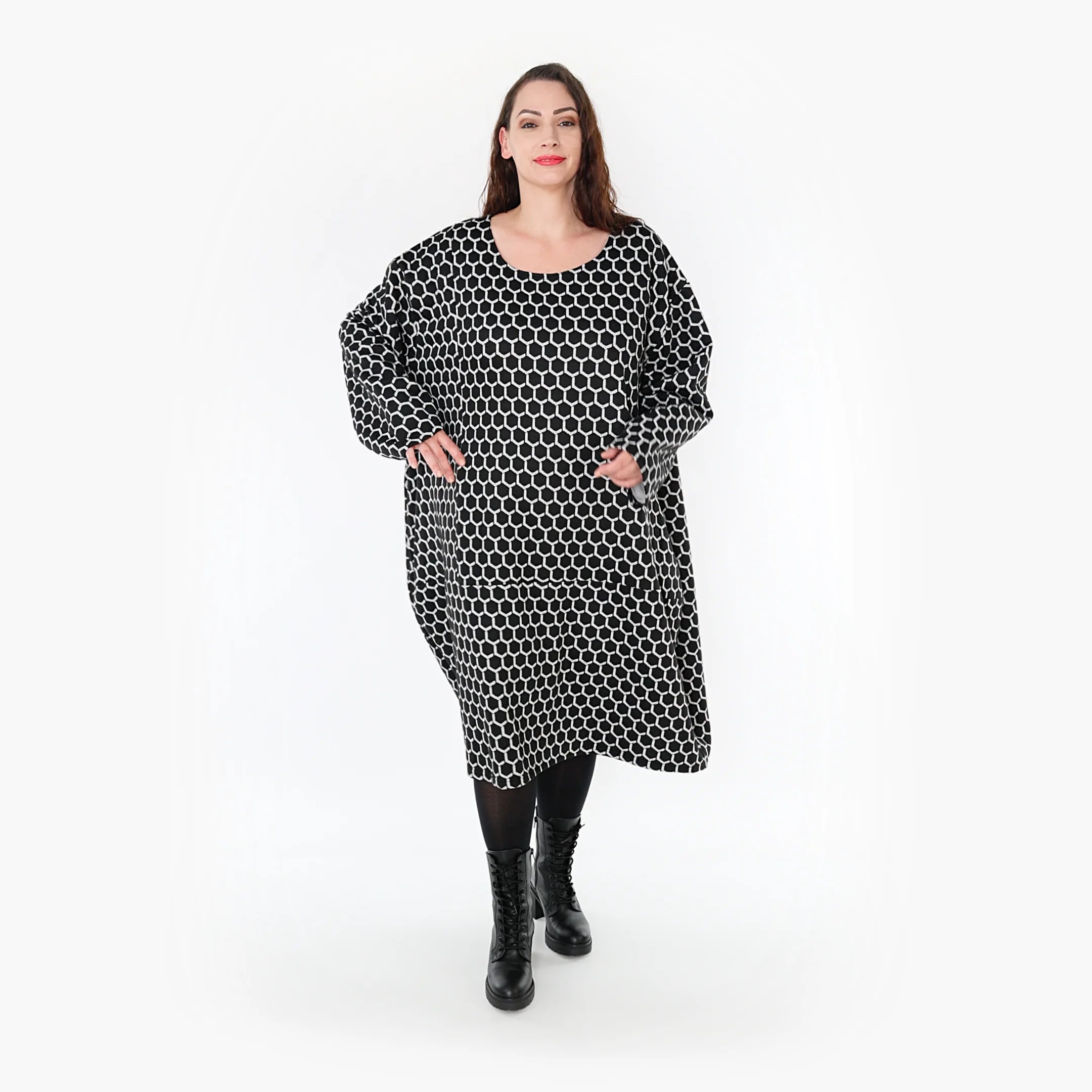 Ballonkleid von AKH Fashion aus Materialmix, 1365.06859, Schwarz-Weiß, Raute, Schick