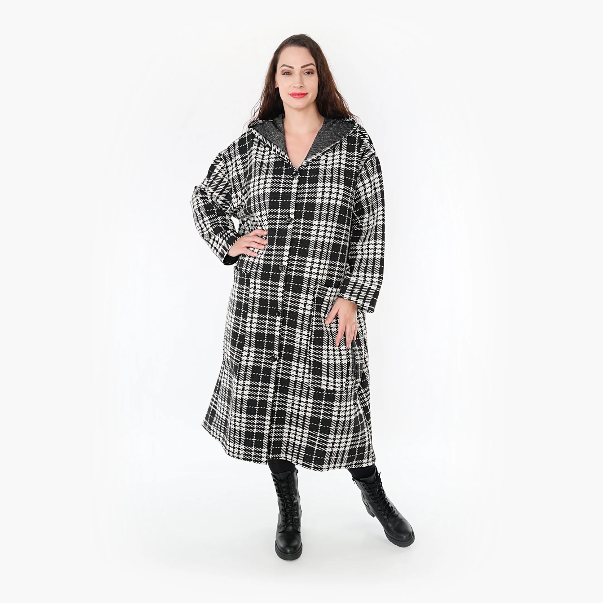  A-Form Mantel in klassischem Schwarz-Weiß mit Kapuze und Taschen für modebewusste Plus Size Damen