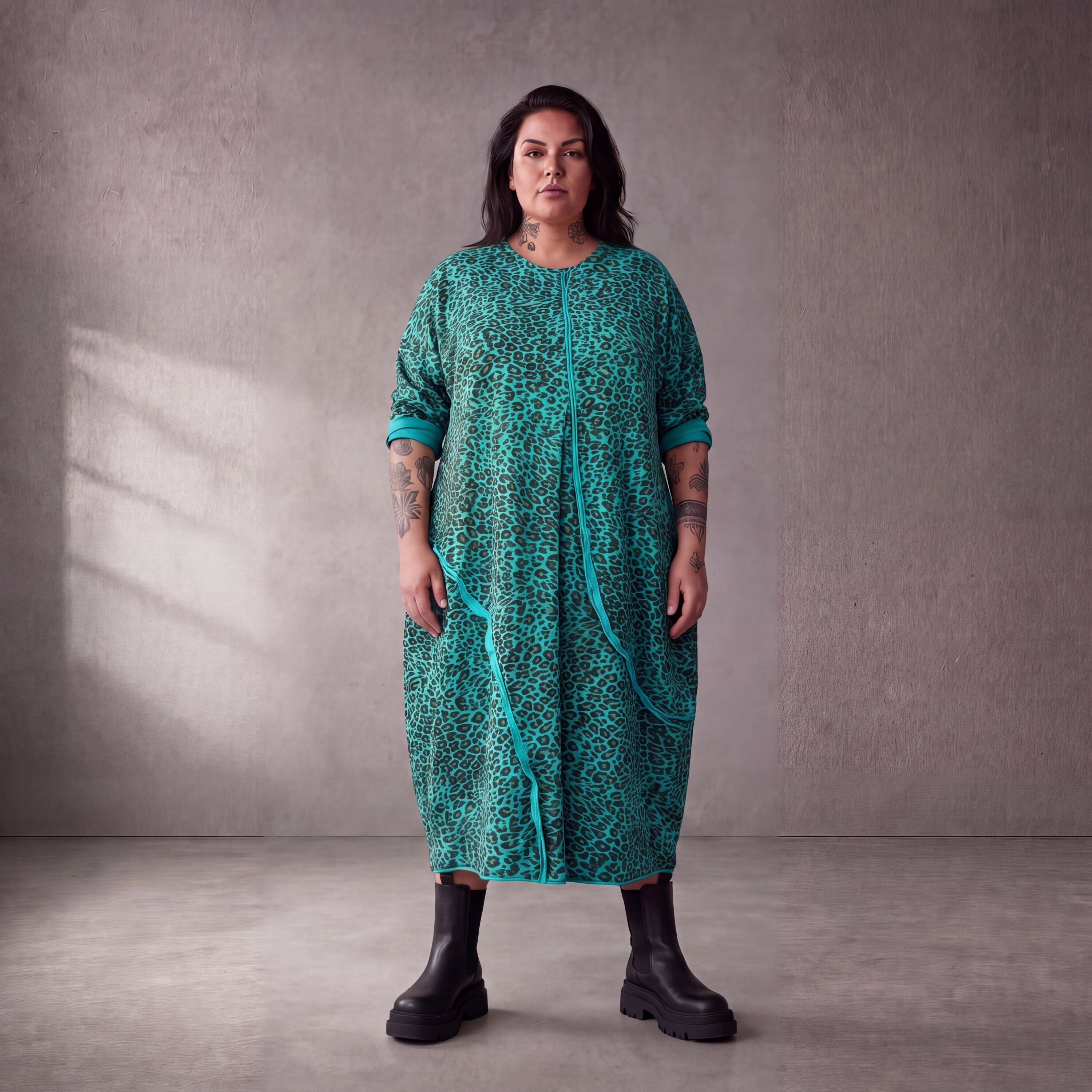 Damen Kleid Lagenlook Baumwolle Türkis/Braun, Ballonschnitt, Seitentaschen, Oversize große Größen – Funky Diva