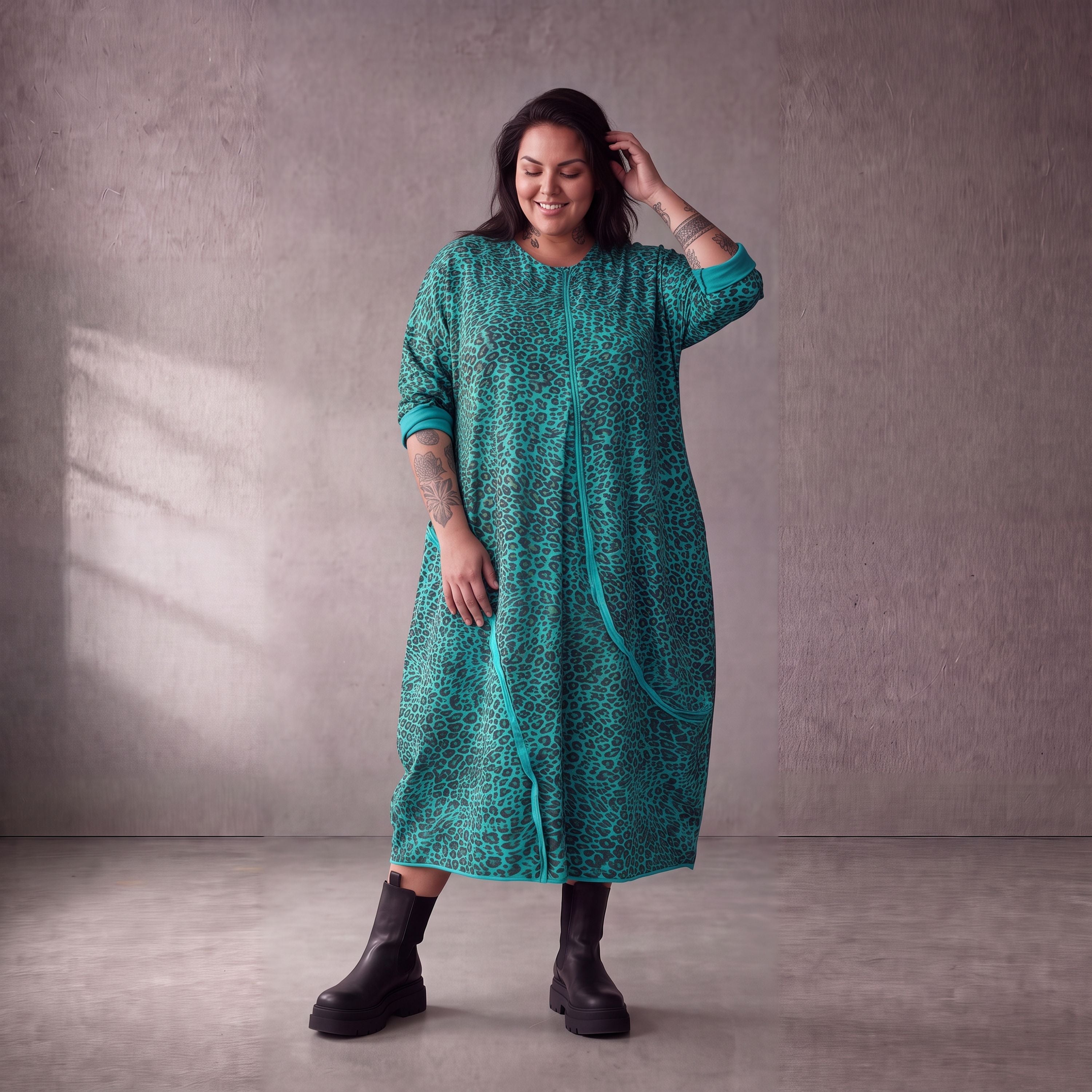 Damen Kleid Lagenlook Baumwolle Türkis/Braun, Ballonschnitt, Seitentaschen, Oversize große Größen – Funky Diva