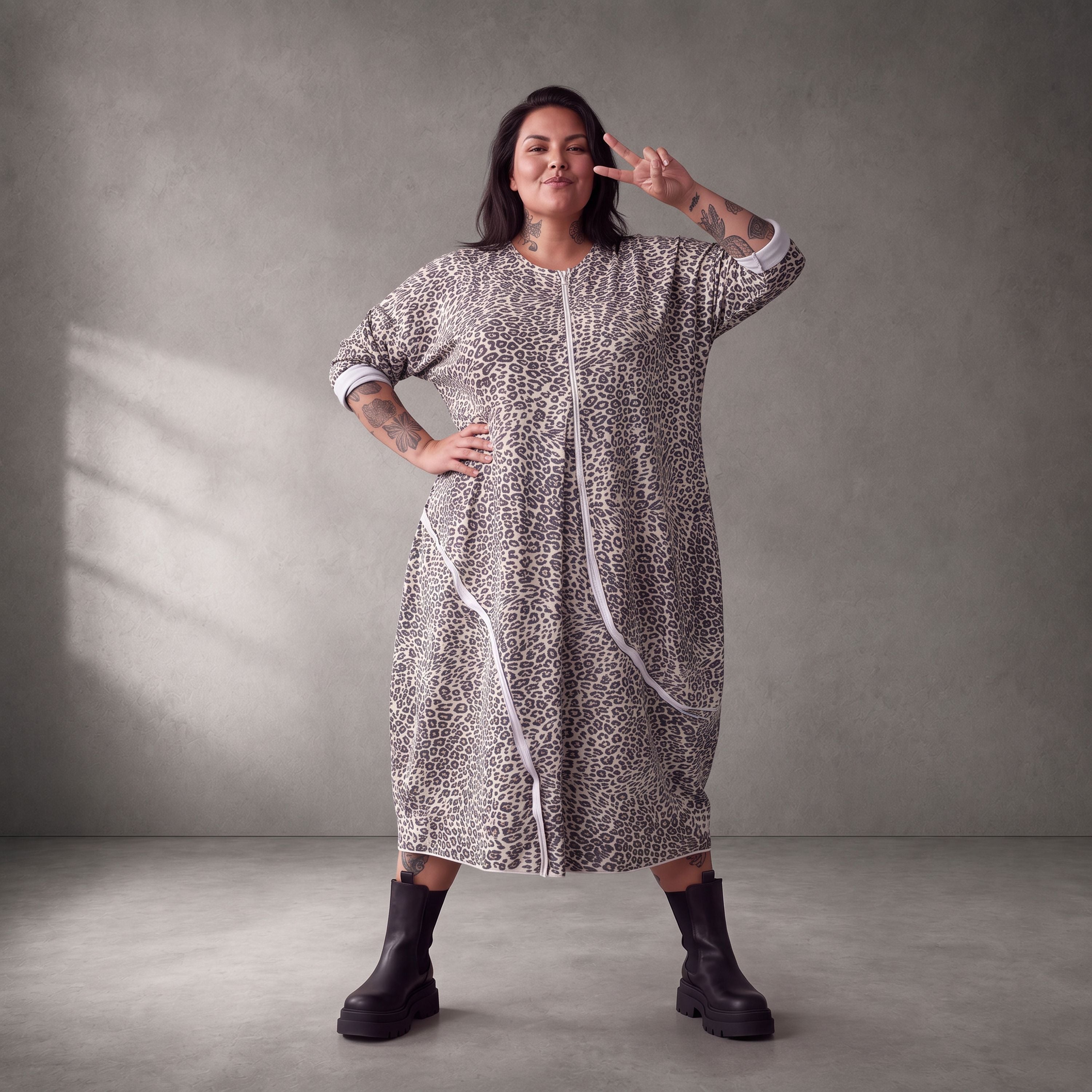 Damen Kleid Lagenlook Baumwolle Schwarz/Weiß, Ballonschnitt, Langarm, Seitentaschen, Oversize große Größen – Funky Diva