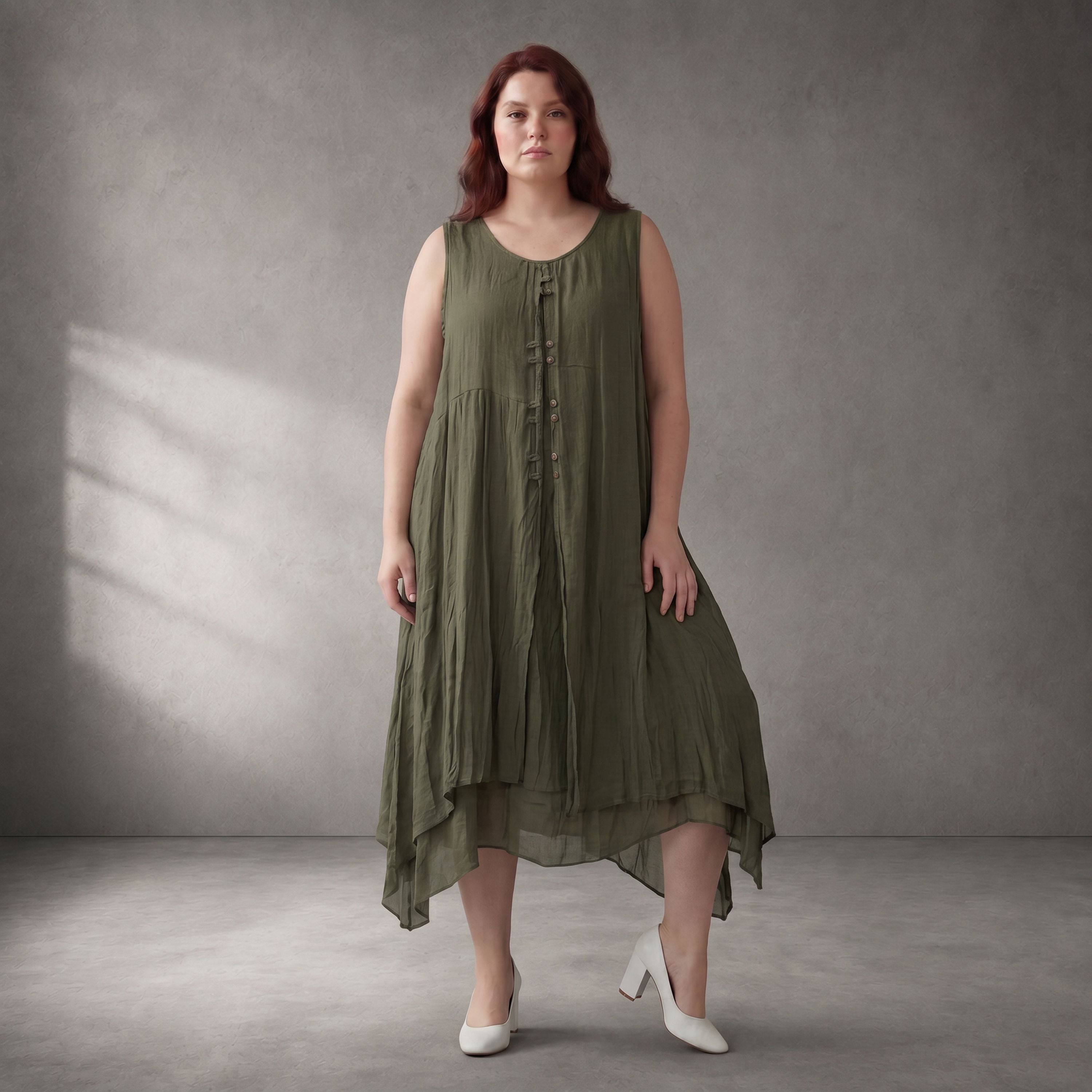 Fliessende Khaki Tunika Lagenlook Oversize leger luftig weich bequem zeitlos mit Taschen
